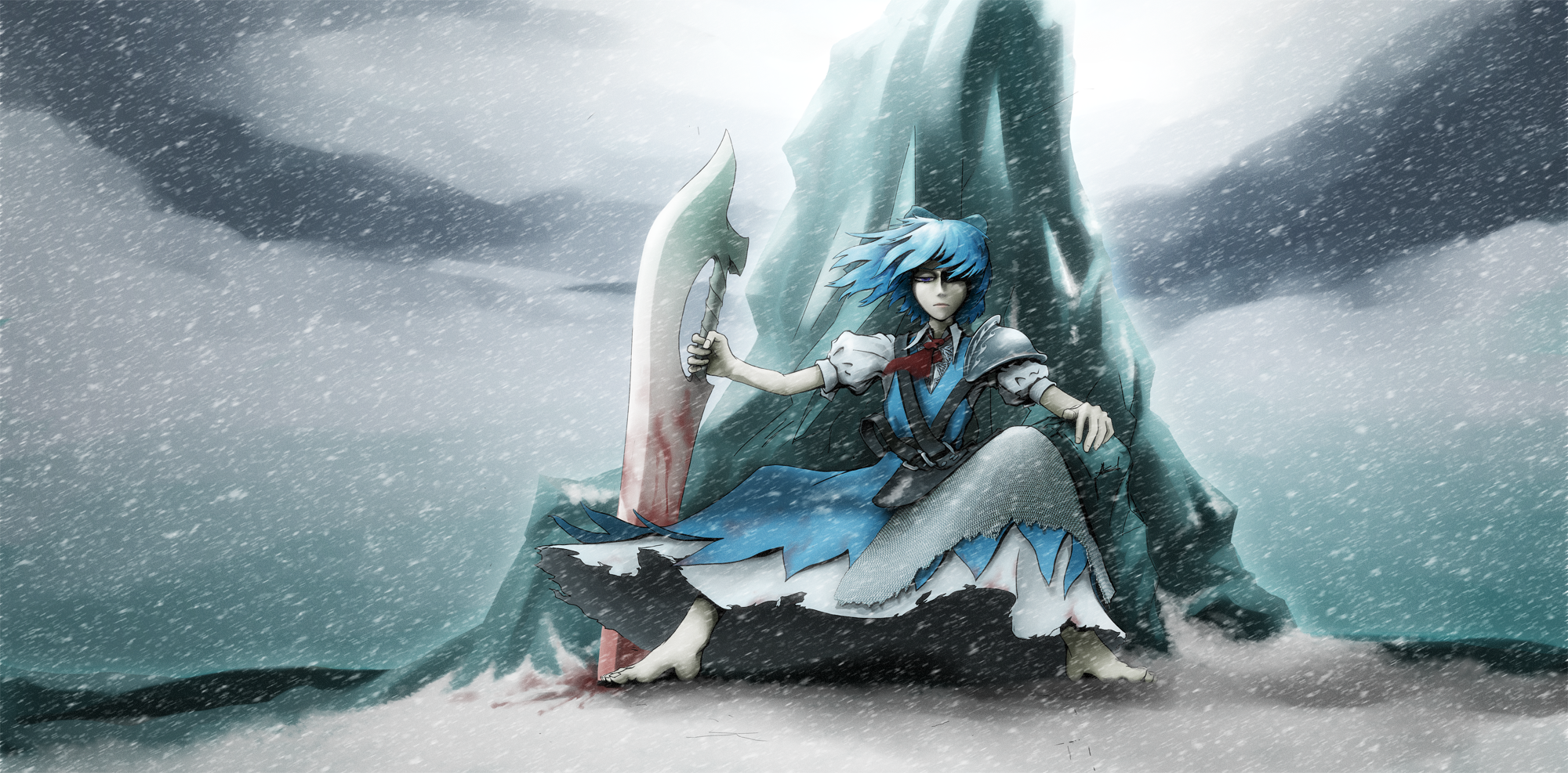 zeg33, cirno, lich king, advent cirno, perfect cherry blossom, touhou, warcraft, bad id, bad pixiv id, highres, 1girl, armor, armored dress, barefoot, blood, blue eyes, blue hair, dress, expressionless, female focus, matching hair/eyes, parody, sitting, snow, solo, sword, throne, weapon