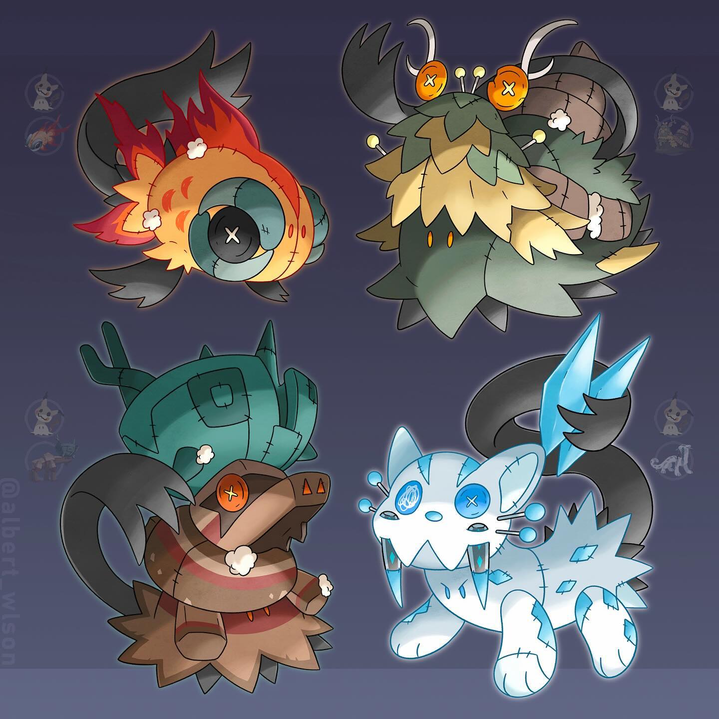 albrt-wlson, chi-yu (pokemon), chien-pao, mimikyu, ting-lu (pokemon), wo-chien, nintendo, pokemon, commentary, english commentary, highres, buttons, chi-yu (pokemon) (cosplay), chien-pao (cosplay), cosplay, full body, gen 7 pokemon, instagram username, no humans, official art inset, pokemon (creature), pokemon focus, sewing pin, solid oval eyes, stitches, stuffing, ting-lu (pokemon) (cosplay), wo-chien (cosplay)