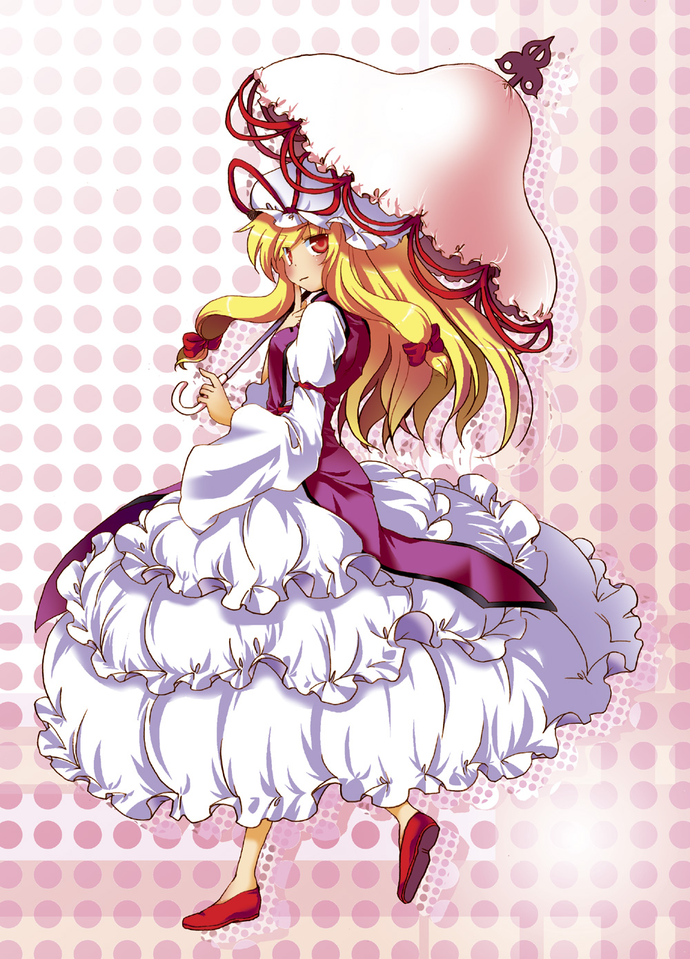 shige (st-k), yakumo yukari, touhou, highres, 1girl, blonde hair, female focus, hat, long hair, red eyes, solo, umbrella