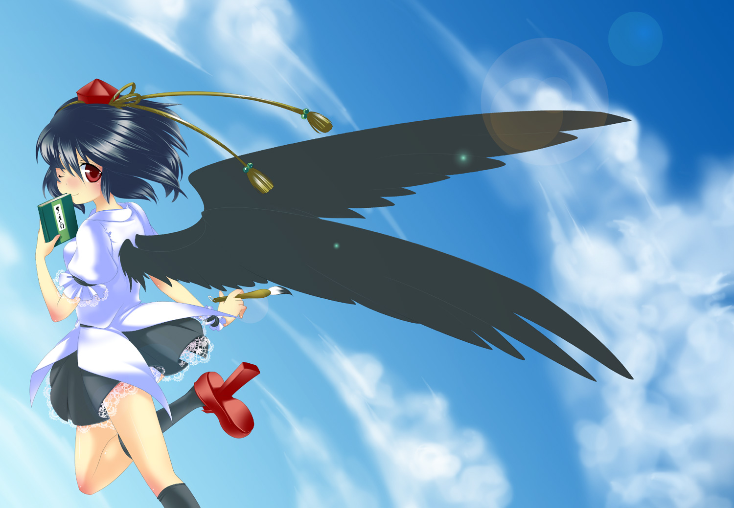 shige (st-k), shameimaru aya, touhou, 1girl, black hair, black wings, female focus, geta, hat, looking at viewer, red eyes, short hair, solo, tengu-geta, tokin hat, wings