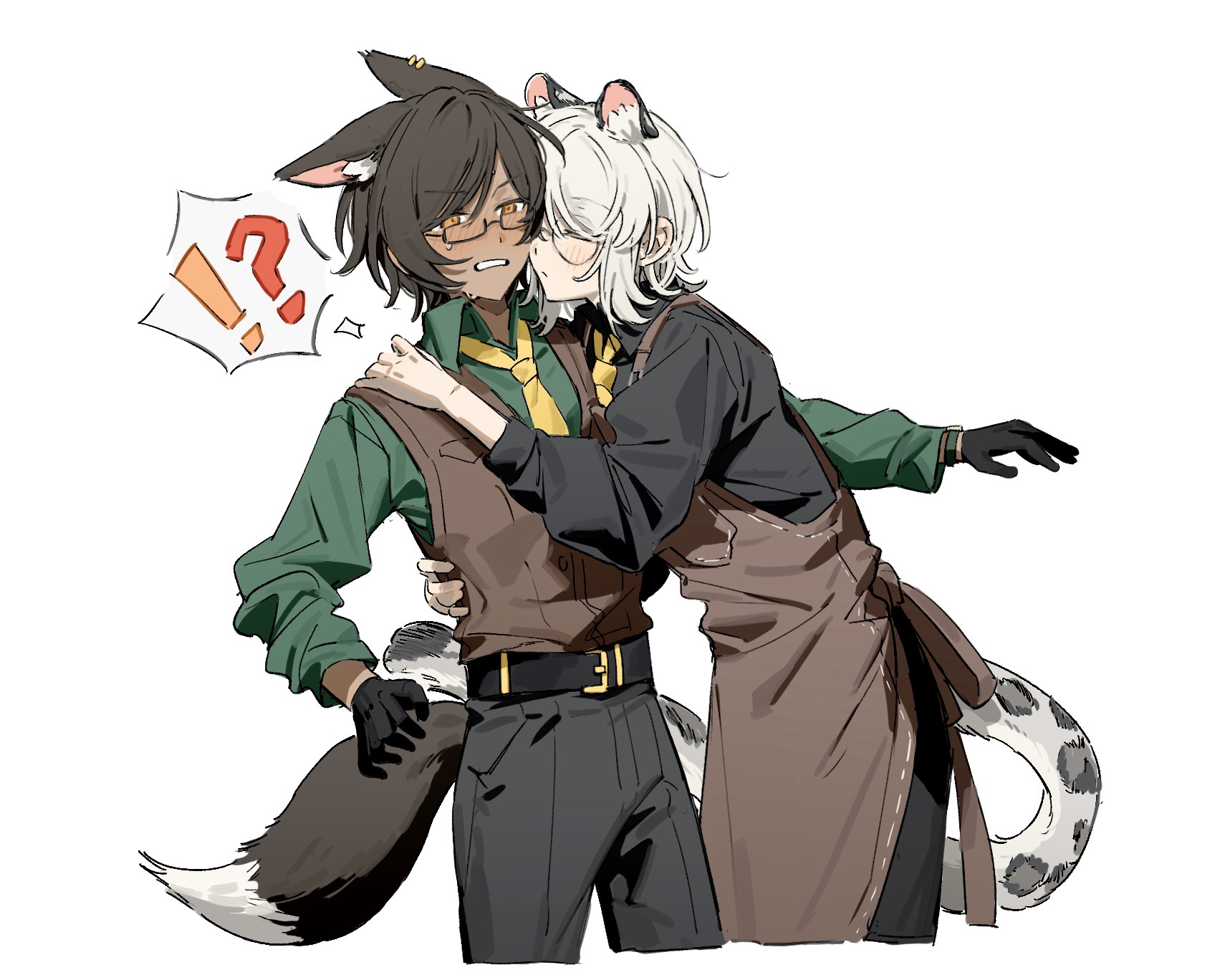 uzr akira, faust (project moon), outis (project moon), limbus company, project moon, highres, !?, 2girls, animal ear fluff, animal ears, apron, belt, black belt, black gloves, black pants, black shirt, blush, brown apron, brown eyes, brown hair, brown vest, closed eyes, collared shirt, cropped legs, fox ears, fox tail, glasses, gloves, green shirt, hug, kemonomimi mode, leopard tail, long sleeves, multiple girls, necktie, pants, round eyewear, semi-rimless eyewear, seven association south uniform, shirt, short hair, simple background, snow leopard ears, snow leopard tail, spoken interrobang, sweat, tail, vest, white background, white hair, yellow necktie