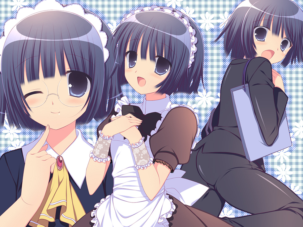 sumii, hyoudou satsuki, kaichou wa maid-sama!, bad id, bad pixiv id, gender request, androgynous, blue eyes, blue hair, crossdressing, formal clothes, glasses, maid, open mouth, reverse trap, short hair, smile, suit, tears, wink
