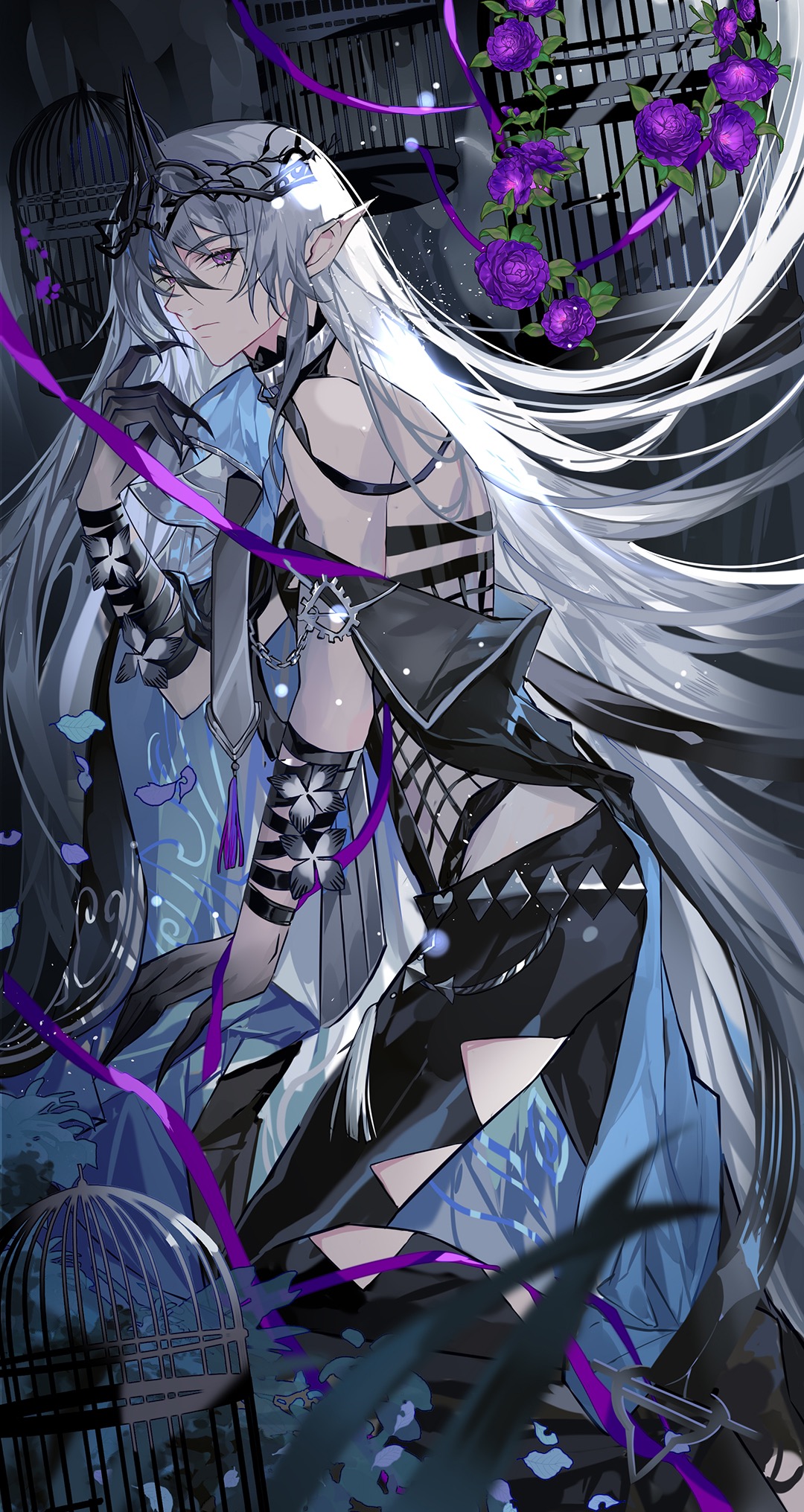 tang qi zang, welcome to dreamland, chinese commentary, highres, 1boy, arm ribbon, arm support, bare shoulders, birdcage, black cape, black hands, black ribbon, black shirt, black tiara, blue cape, blue petals, cage, cape, claws, closed mouth, clothing cutout, collar, colored extremities, diamond cutout, expressionless, falling petals, feet out of frame, fishnet top, fishnets, flower, flower ornament, gears, grey hair, hair between eyes, hair flowing over, hand to own mouth, kiri (welcome to dreamland), kneeling, light particles, long hair, looking at viewer, looking to the side, male focus, petals, plant, pointy ears, purple flower, purple hair, purple petals, purple ribbon, purple rose, ribbon, rose, shirt, side cape, side cutout, sidelocks, sideways glance, sleeveless, sleeveless shirt, solo, sweater guard, tassel, thigh cutout, tiara, turtleneck, turtleneck shirt, two-sided cape, two-sided fabric, very long hair