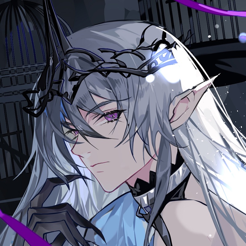 tang qi zang, welcome to dreamland, chinese commentary, 1boy, bare shoulders, birdcage, black hands, black tiara, cage, claws, closed mouth, collar, colored extremities, expressionless, grey hair, hair between eyes, hand to own mouth, kiri (welcome to dreamland), light particles, long hair, looking at viewer, looking to the side, male focus, pointy ears, portrait, purple hair, purple ribbon, ribbon, sideways glance, solo, tiara