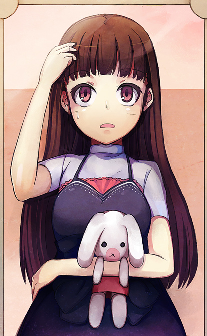 pos (shiratama-ya), minase iori, idolmaster, idolmaster (classic), bad id, bad pixiv id, 00s, 1girl, alternate hairstyle, brown eyes, brown hair, female focus, solo, stuffed animal, stuffed rabbit, stuffed toy