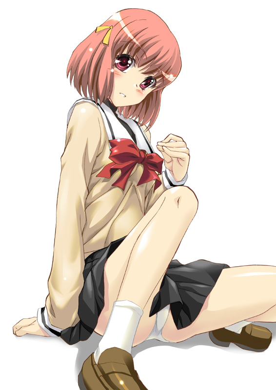 shiruko (inosin), makihara yukiko, tokimeki memorial, tokimeki memorial 3, white legwear, blush, brown shoes, hair ribbon, legs, panties, pantyshot, red hair, ribbon, school uniform, serafuku, shoes, simple background, sitting, skirt, solo, underwear, upskirt, white background