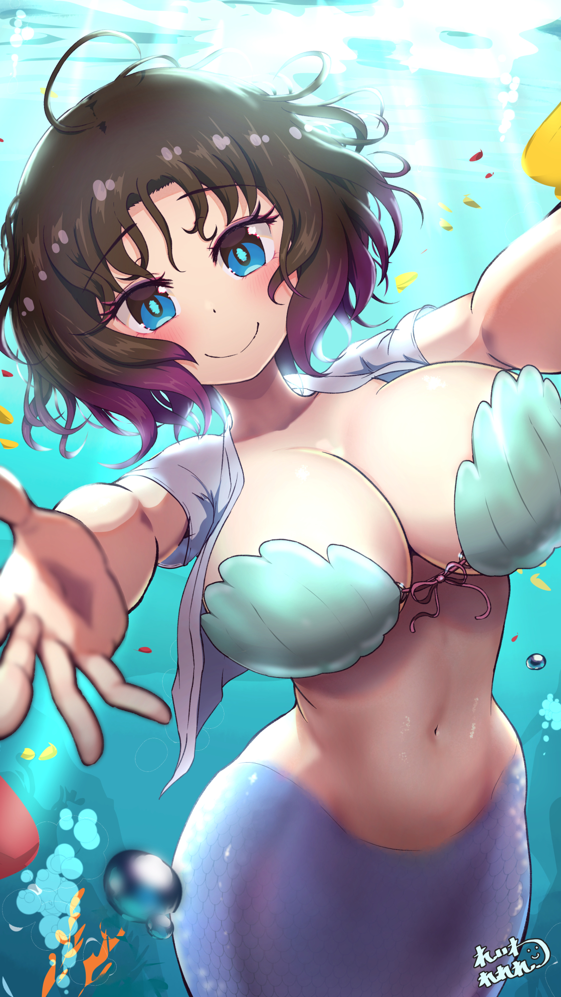 reiwa rerere, elma (maidragon), kobayashi-san chi no maidragon, highres, 1girl, air bubble, artist name, bikini, blue eyes, blush, breasts, brown hair, bubble, cleavage, closed mouth, fish, gradient hair, large breasts, looking at viewer, mermaid, monster girl, multicolored hair, navel, open clothes, open shirt, outstretched arms, purple hair, reaching, reaching towards viewer, scales, shell, shell bikini, shirt, short hair, short sleeves, smile, solo, swimsuit, underwater, white shirt