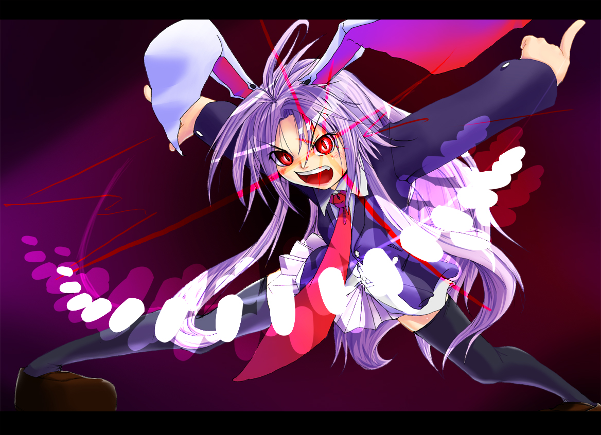 mossari poteto, reisen udongein inaba, touhou, 1girl, animal ears, blazer, female focus, jacket, long hair, necktie, purple hair, rabbit ears, red eyes, red necktie, skirt, solo, thighhighs