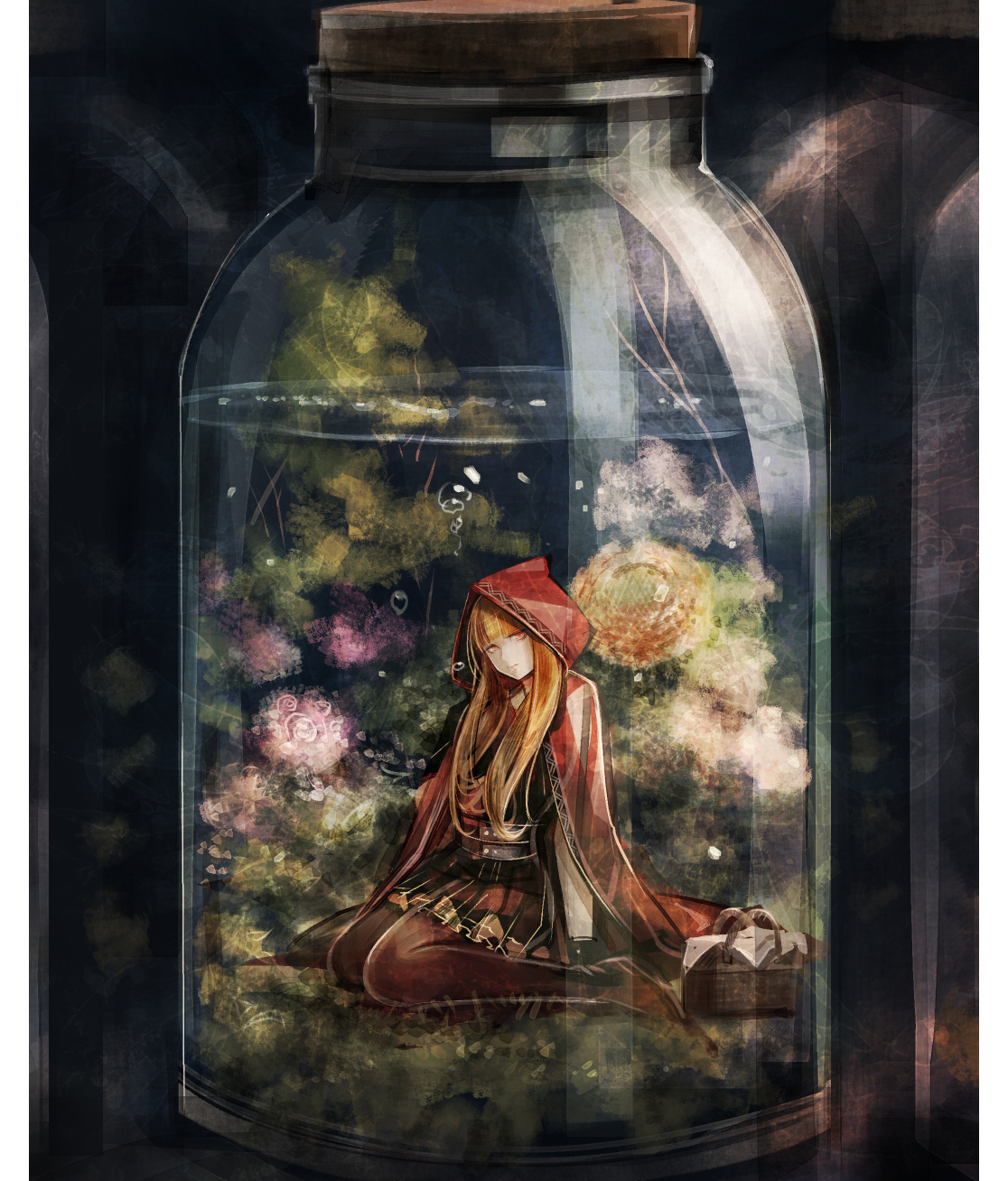 sushi (sashimise), original, commentary request, highres, 1girl, basket, belt, blonde hair, blunt bangs, boots, bubble, cloak, closed mouth, flower, gloves, hair over shoulder, hood, hood up, hooded cloak, in container, in jar, jar, long hair, looking at viewer, orange eyes, red cloak, sitting, skirt, solo, submerged, thigh boots, wariza