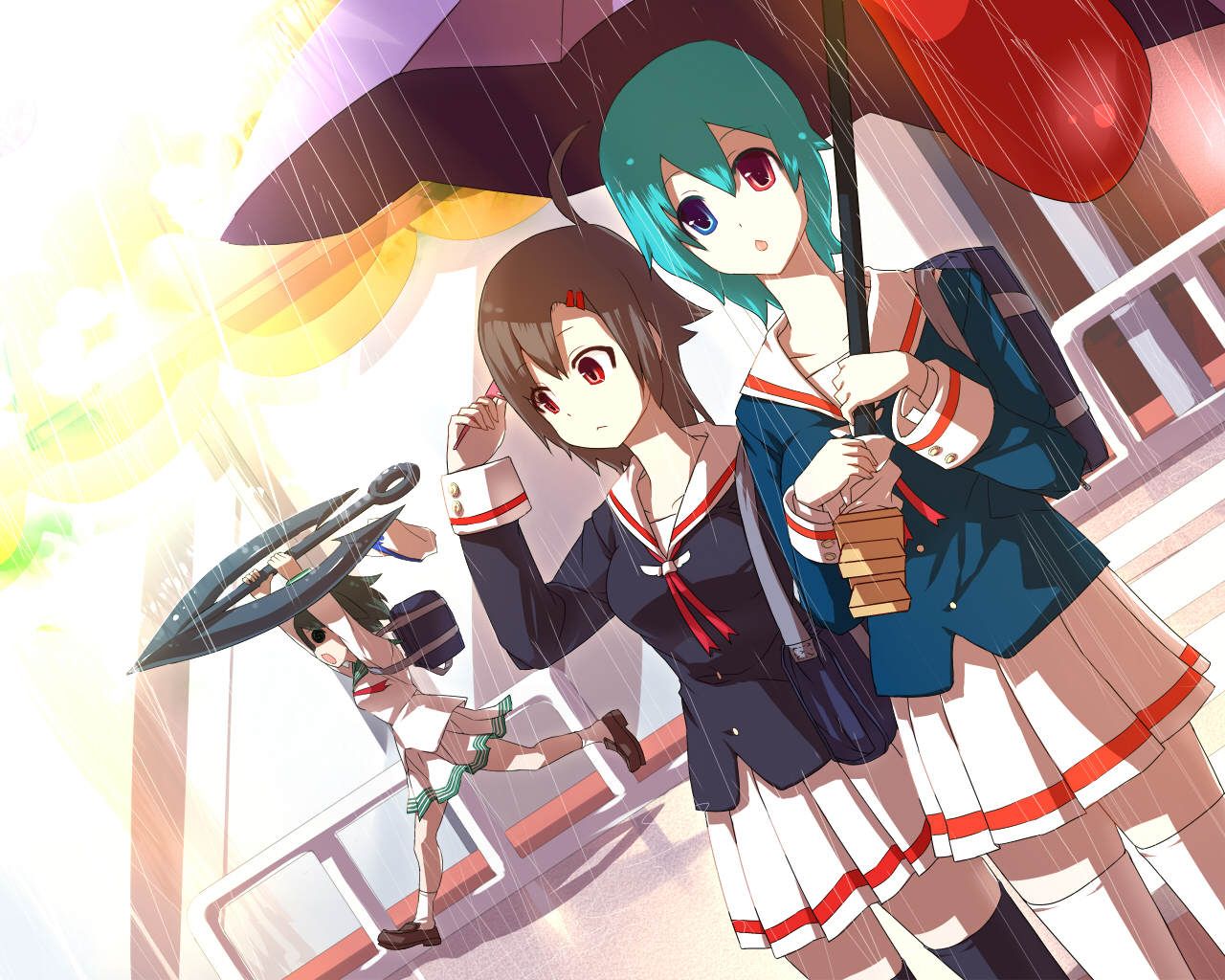 blue vert, houjuu nue, murasa minamitsu, tatara kogasa, touhou, 3girls, :o, ahoge, alternate costume, anchor, aqua hair, black hair, contemporary, dutch angle, female focus, geta, hat, heterochromia, karakasa obake, multiple girls, rain, red eyes, running, sailor hat, school uniform, shared umbrella, short hair, skirt, sunlight, thighhighs, tongue, umbrella, zettai ryouiki