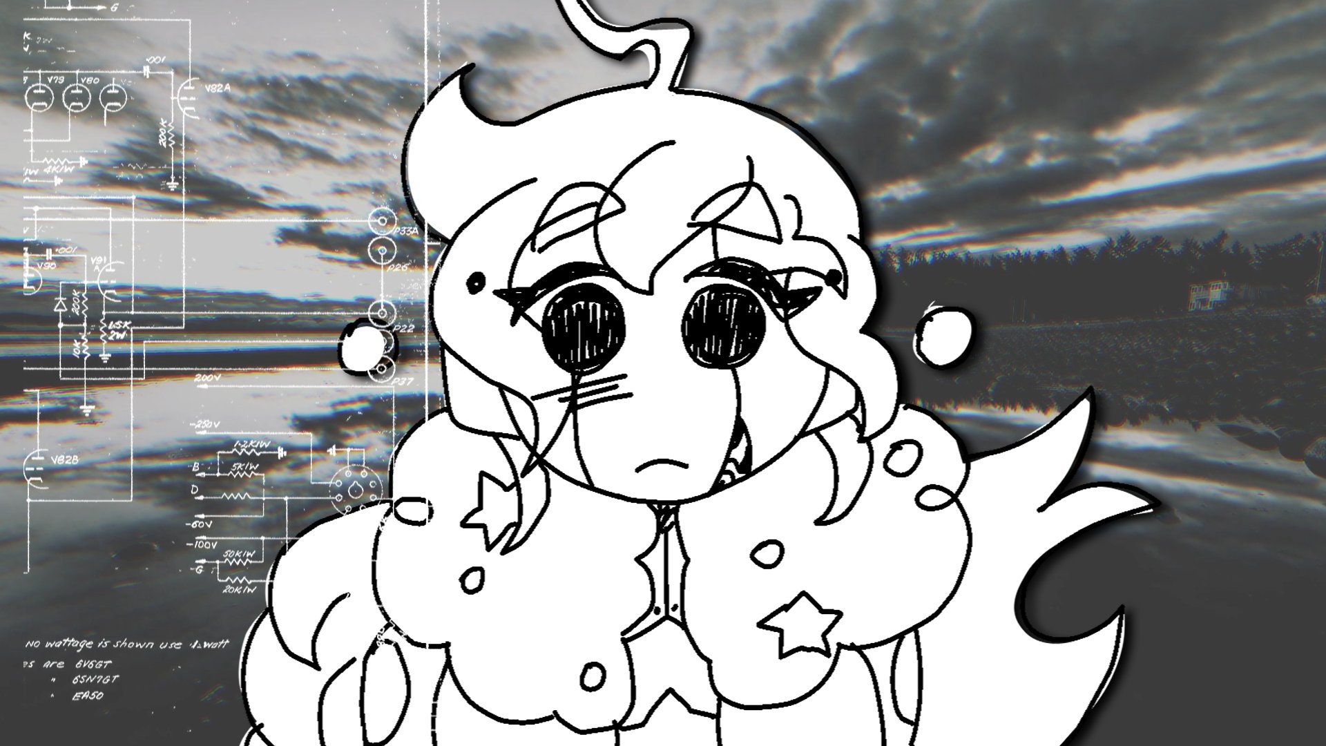 sf-a2 miki, highres, official art, 1girl, ahoge, android, closed mouth, flavor foley, frown, greyscale, insertdisc5, long hair, looking at viewer, monochrome, o o, photo background, portrait, robot, sketch, solo, star (symbol), straight-on, very long hair