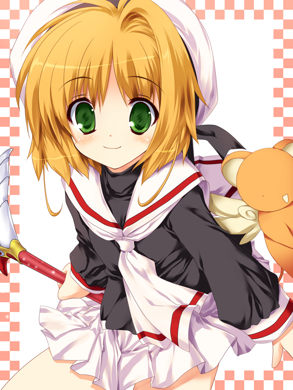 shimesaba kohada, kero (cardcaptor sakura), kinomoto sakura, cardcaptor sakura, 1990s (style), 1girl, brown hair, child, female focus, fuuin no tsue, hat, magical girl, retro artstyle, school uniform, short hair, smile, solo, staff, tomoeda middle school uniform, white hat