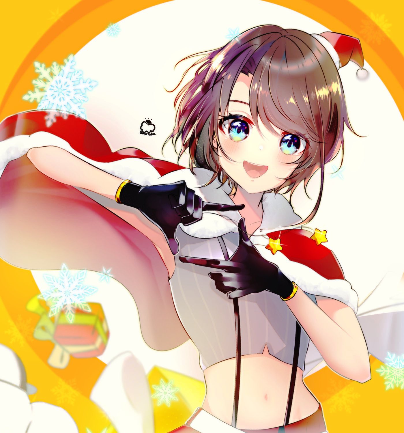 oozora subaru, oozora subaru (suspenders), hololive, highres, 1girl, :d, armpits, artist name, black gloves, blue eyes, blush, box, brown hair, cape, cropped shirt, curtained hair, emutakanoe, finger frame, fur-trimmed cape, fur trim, gift, gift box, gloves, grey shirt, hat, looking at viewer, midriff, navel, open mouth, orange background, pinstripe pattern, pinstripe shirt, red cape, red shorts, santa hat, shirt, short hair, shorts, signature, sleeveless, sleeveless shirt, smile, snowflakes, solo, star (symbol), suspender shorts, suspenders, swept bangs, upper body, virtual youtuber, white background