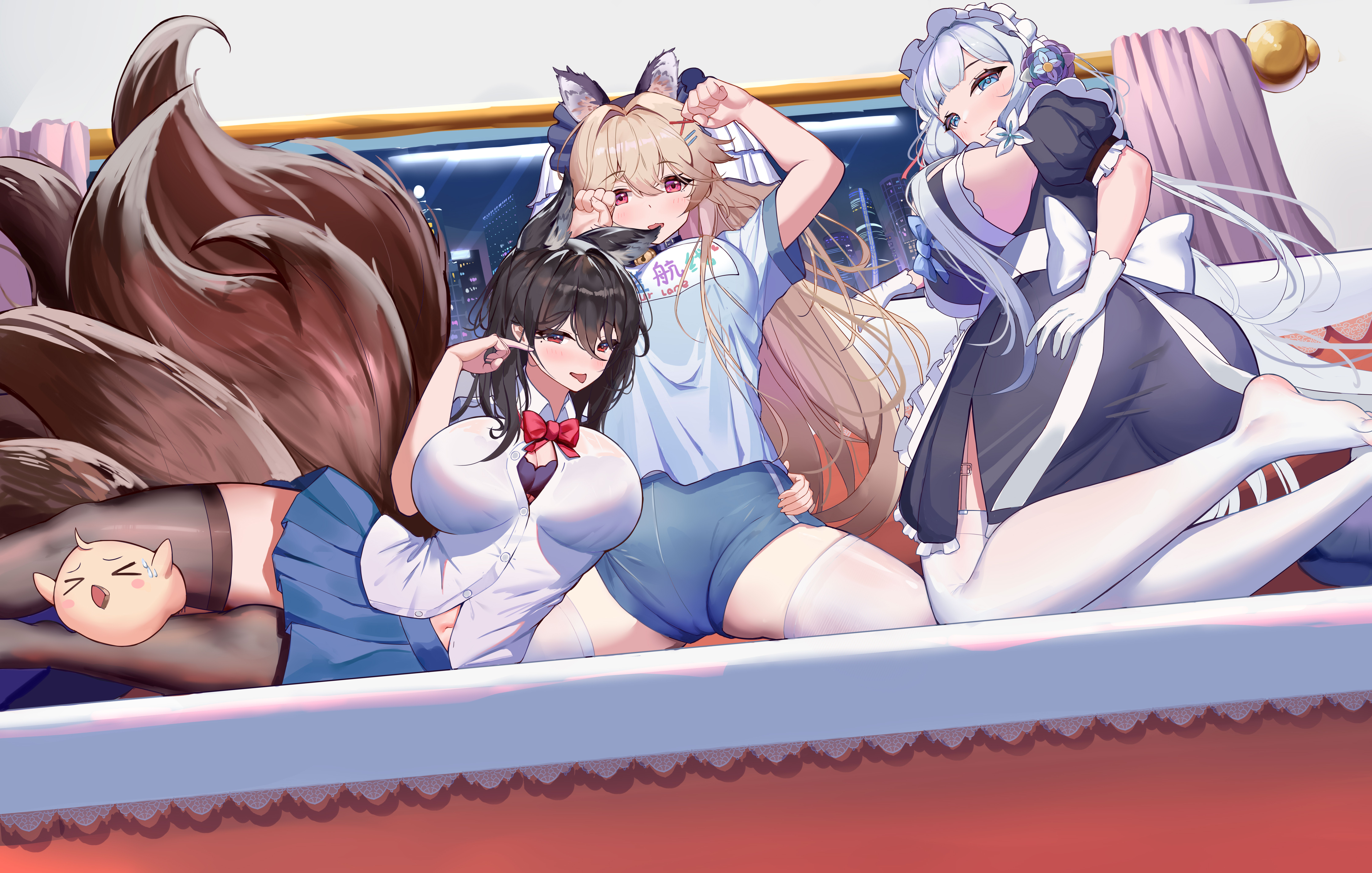 balabulun, anchorage (azur lane), illustrious (azur lane), manjuu (azur lane), oumi (azur lane), azur lane, absurdres, commentary request, highres, > <, 3girls, alternate costume, animal ears, black bra, black dress, black hair, blonde hair, blue skirt, bow, bra, bra peek, breasts, brown tail, brown thighhighs, cityscape, curtains, dress, enmaided, feet out of frame, foot out of frame, from below, gloves, hand on own ass, indoors, kneeling, large breasts, large tail, long hair, looking at viewer, looking back, lying, maid, maid headdress, miniskirt, multiple girls, multiple tails, on side, paw pose, pleated skirt, red bow, red eyes, shirt, short sleeves, sideboob, skirt, tail, thighhighs, underwear, very long hair, white bow, white gloves, white hair, white shirt, white thighhighs, window