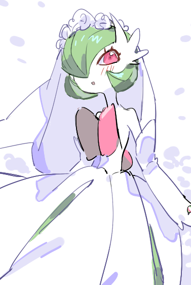 raine (acke2445), gardevoir, mega gardevoir, nintendo, pokemon, bob cut, bridal veil, bride, colored skin, dress, elbow gloves, gen 3 pokemon, gloves, green hair, hair over one eye, looking at viewer, mega pokemon, pink eyes, pokemon (creature), veil, white dress, white gloves, white skin