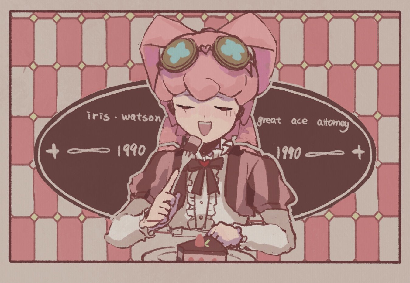 iris wilson, ace attorney, the great ace attorney, 1990, 1girl, blush, bow, bowtie, brooch, brown-framed eyewear, brown bow, brown bowtie, brown jacket, buttons, cake, cake slice, center frills, character name, checkered background, chocolate cake, closed eyes, collared shirt, copyright name, cropped jacket, curly hair, dot nose, dress shirt, eating, food, fork, frilled shirt collar, frilled sleeves, frills, fruit, goggles, goggles on head, grey background, grey outline, hair rings, happy, heart, heart brooch, holding, holding fork, jacket, jewelry, layered sleeves, long hair, long sleeves, multicolored jacket, open clothes, open jacket, open mouth, outline, pink background, pink hair, pink jacket, plate, puffy short sleeves, puffy sleeves, round eyewear, shirt, short over long sleeves, short sleeves, sign, smile, solo, strawberry, striped clothes, striped jacket, teeth, tsuki 730, twintails, two-tone background, two-tone jacket, upper body, upper teeth only, vertical-striped clothes, vertical-striped jacket, white background, white shirt