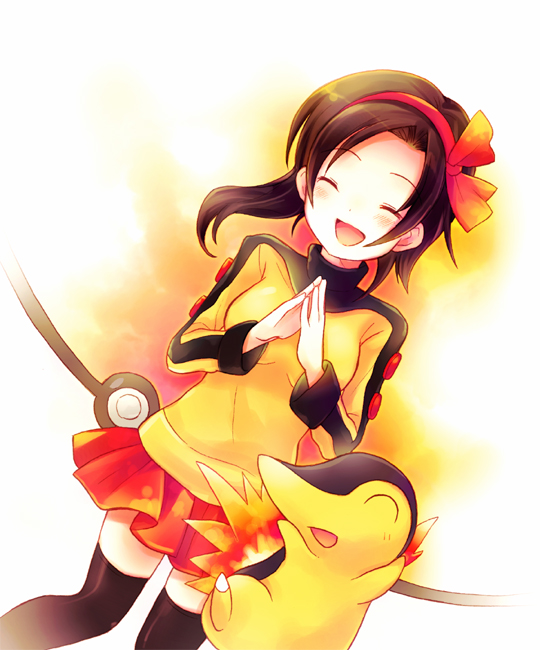 tachitsu teto, cyndaquil, moemon, nintendo, pokemon, 1girl, :d, ^ ^, black thighhighs, blush, brown hair, closed eyes, creature and personification, dutch angle, gen 2 pokemon, hair ribbon, long sleeves, miniskirt, open mouth, personification, pokemon (creature), ribbon, shirt, skirt, smile, standing, thighhighs