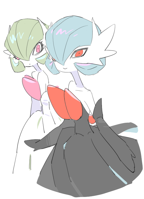 raine (acke2445), gardevoir, mega gardevoir, nintendo, pokemon, black dress, black gloves, colored skin, dress, elbow gloves, gen 3 pokemon, gloves, hair over one eye, mega pokemon, orange eyes, pink eyes, pokemon (creature), simple background, sketch, smile, strapless, strapless dress, white background, white dress, white gloves, white skin