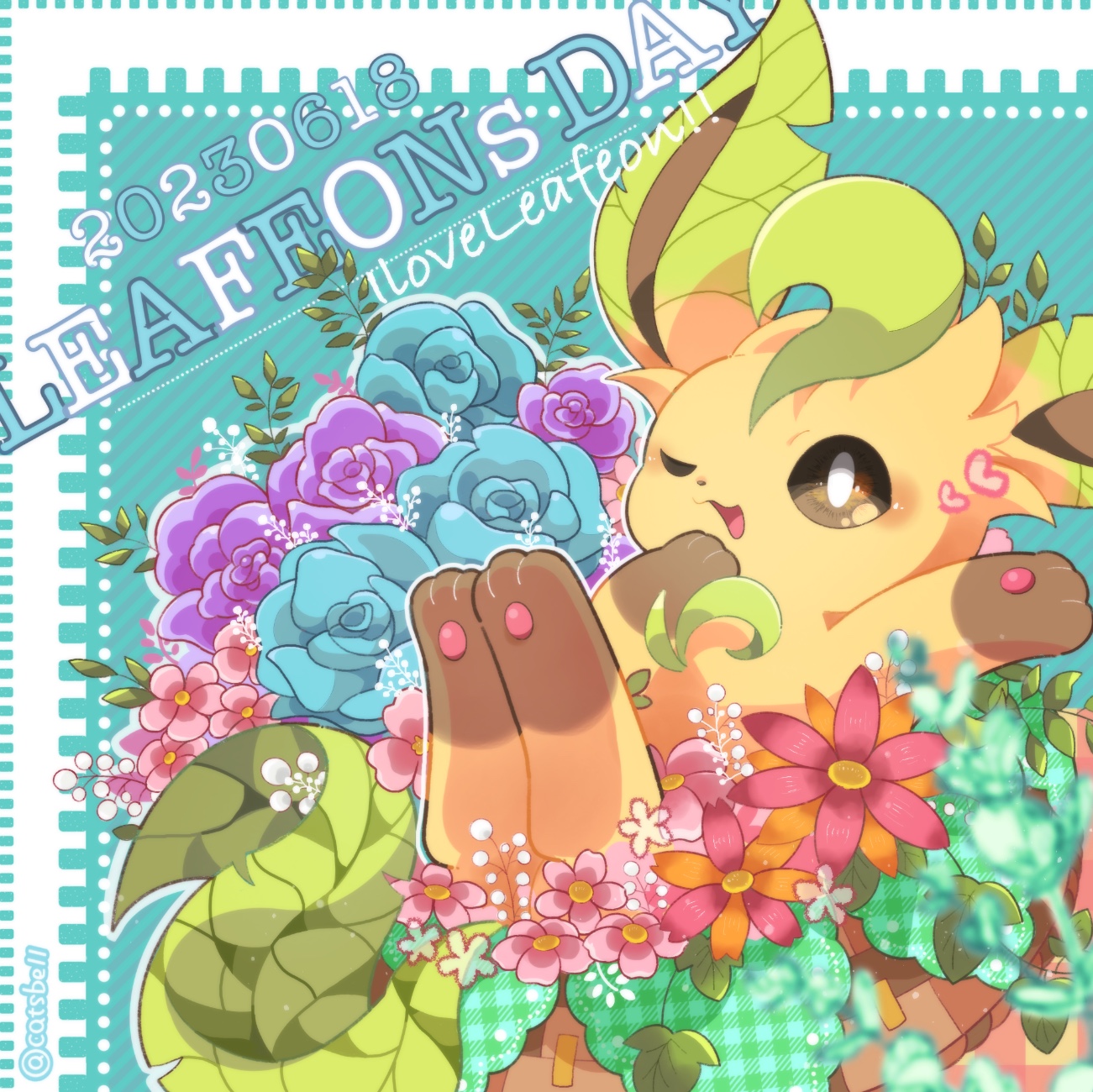 catsbell, leafeon, nintendo, pokemon, highres, animal focus, blue background, blue flower, blue rose, border, bright pupils, brown eyes, brown fur, dated, flower, full body, gen 4 pokemon, green fur, leaf, looking at viewer, no humans, one eye closed, open mouth, pawpads, pink flower, pokemon (creature), pokemon focus, purple flower, purple rose, rose, simple background, solo, white border, white pupils, yellow fur