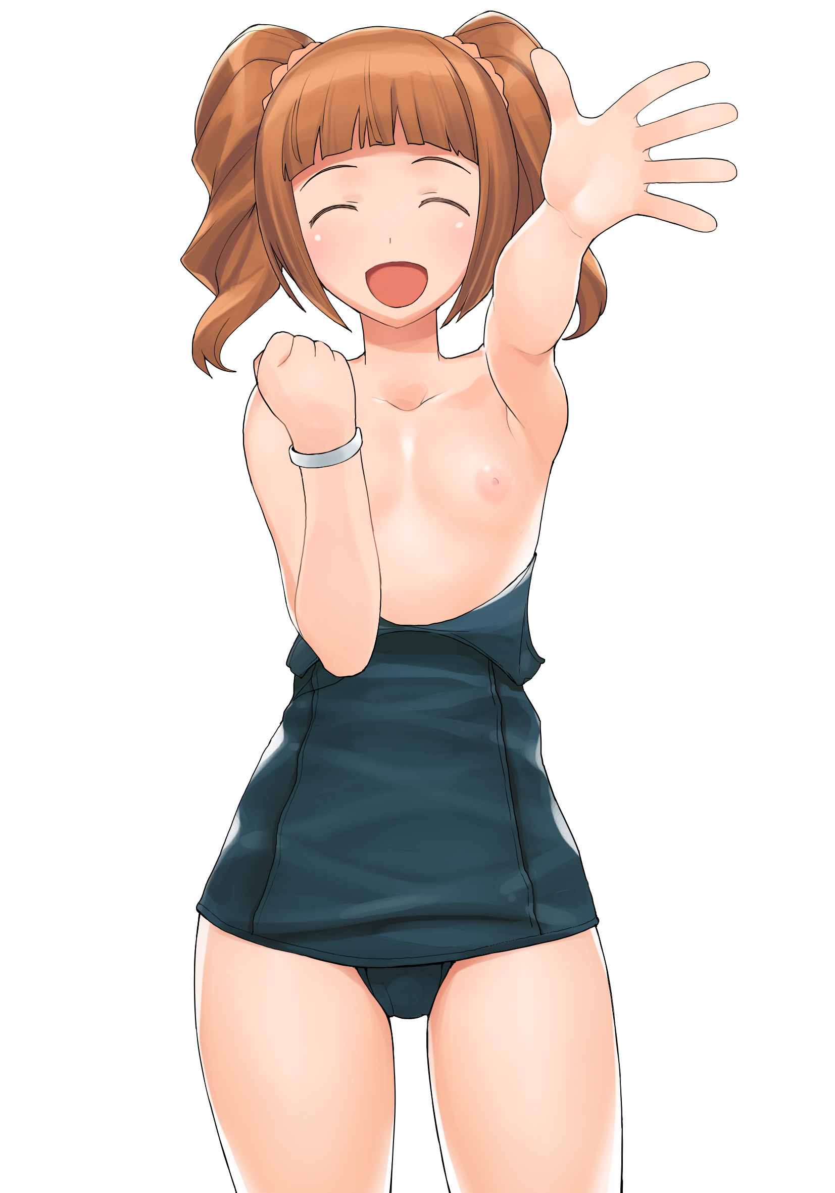 a1 (initial-g), takatsuki yayoi, idolmaster, idolmaster (classic), highres, 00s, 1girl, :d, bracelet, brown hair, closed eyes, clothes pull, drill hair, female focus, flat chest, foreshortening, high five, jewelry, nipples, one-piece swimsuit, one-piece swimsuit pull, open mouth, school swimsuit, smile, solo, swimsuit, topless female, twintails