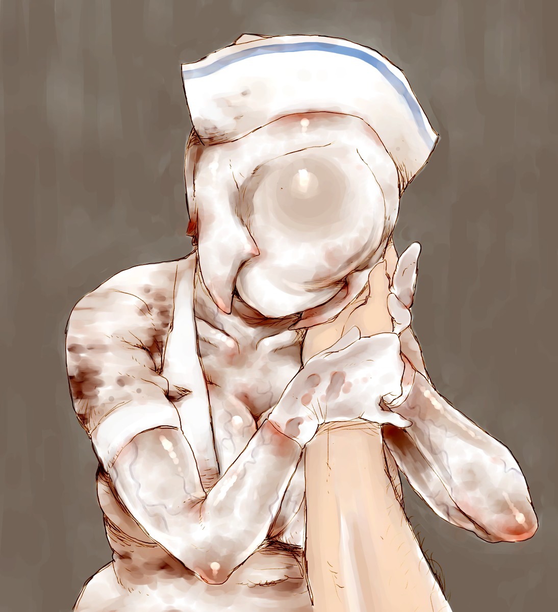 shizuoka (bl09), bubble head nurse, nurse (silent hill), silent hill, silent hill (movie), silent hill (series), silent hill 2, highres, 1boy, 1girl, blind, breasts, gloves, hetero, holding another's hand, hug, large breasts, looking at another, monster, monster girl, nurse, shiny skin, solo focus, veins, veiny breasts