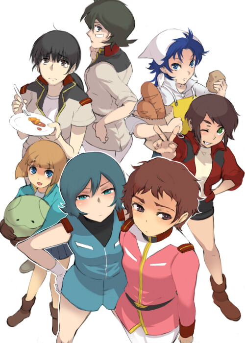 sabata yuki, tori (driftwood), amuro ray, haro, judau ashta, kamille bidan, kou uraki, seabook arno, shiro amada, uso evin, uso ewin, gundam, gundam 0083, gundam 08th ms team, gundam f91, gundam zz, mobile suit gundam, victory gundam, zeta gundam, gender request, 1990s (style), 6+girls, bread, carrot, food, fork, genderswap, jacket, military, military uniform, multiple girls, one eye closed, pantyhose, plate, retro artstyle, tears, v, white background, wink