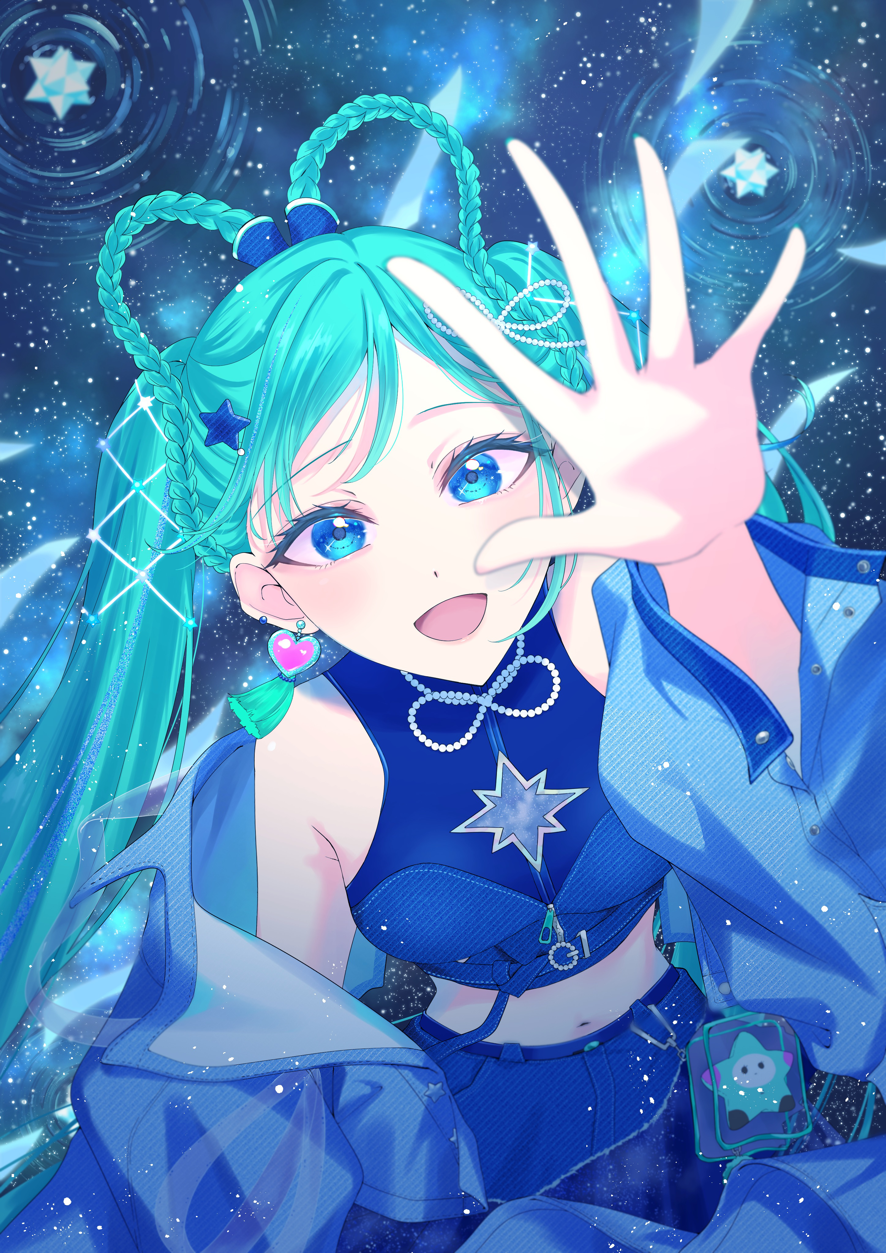 hatsune miku, magical mirai miku, magical mirai miku (2025), magical mirai (vocaloid), vocaloid, absurdres, commentary request, highres, 1girl, aqua hair, arm up, armpit crease, awanoo, blue eyes, blue jacket, blue skirt, blush, braid, braided hair rings, breasts, crop top, earrings, hair ornament, hair rings, heart, heart earrings, jacket, jewelry, long hair, long sleeves, looking at viewer, medium breasts, navel, official alternate costume, official alternate hairstyle, open clothes, open jacket, open mouth, shirt, single earring, skirt, sky, sleeveless, sleeveless shirt, small stellated dodecahedron, smile, solo, star (sky), star (symbol), star hair ornament, starry sky, stomach, twintails, very long hair