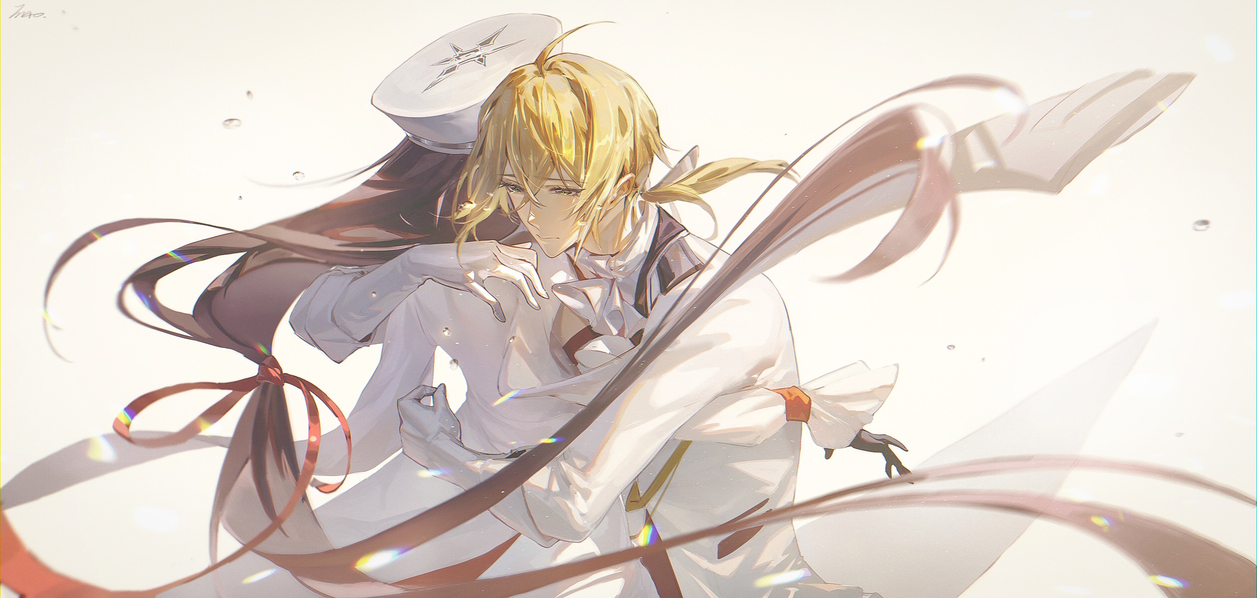 yunmaojan, alkaid mcgrath, alkaid mcgrath (awakening), heroine (lovebrush chronicles), lovebrush chronicles, chinese commentary, highres, 1boy, 1girl, ahoge, ascot, black gloves, blonde hair, closed mouth, collared shirt, contrast lapels, detached sleeves, elbow gloves, frilled sleeves, frills, gloves, green eyes, hair between eyes, hair ribbon, hat, hug, jacket, jacket on shoulders, lapels, long hair, long sleeves, looking down, low-tied long hair, low ponytail, medium hair, military hat, ponytail, red ribbon, ribbon, shirt, simple background, tearing up, tears, upper body, very long hair, white ascot, white background, white gloves, white hair, white hat, white jacket, white ribbon