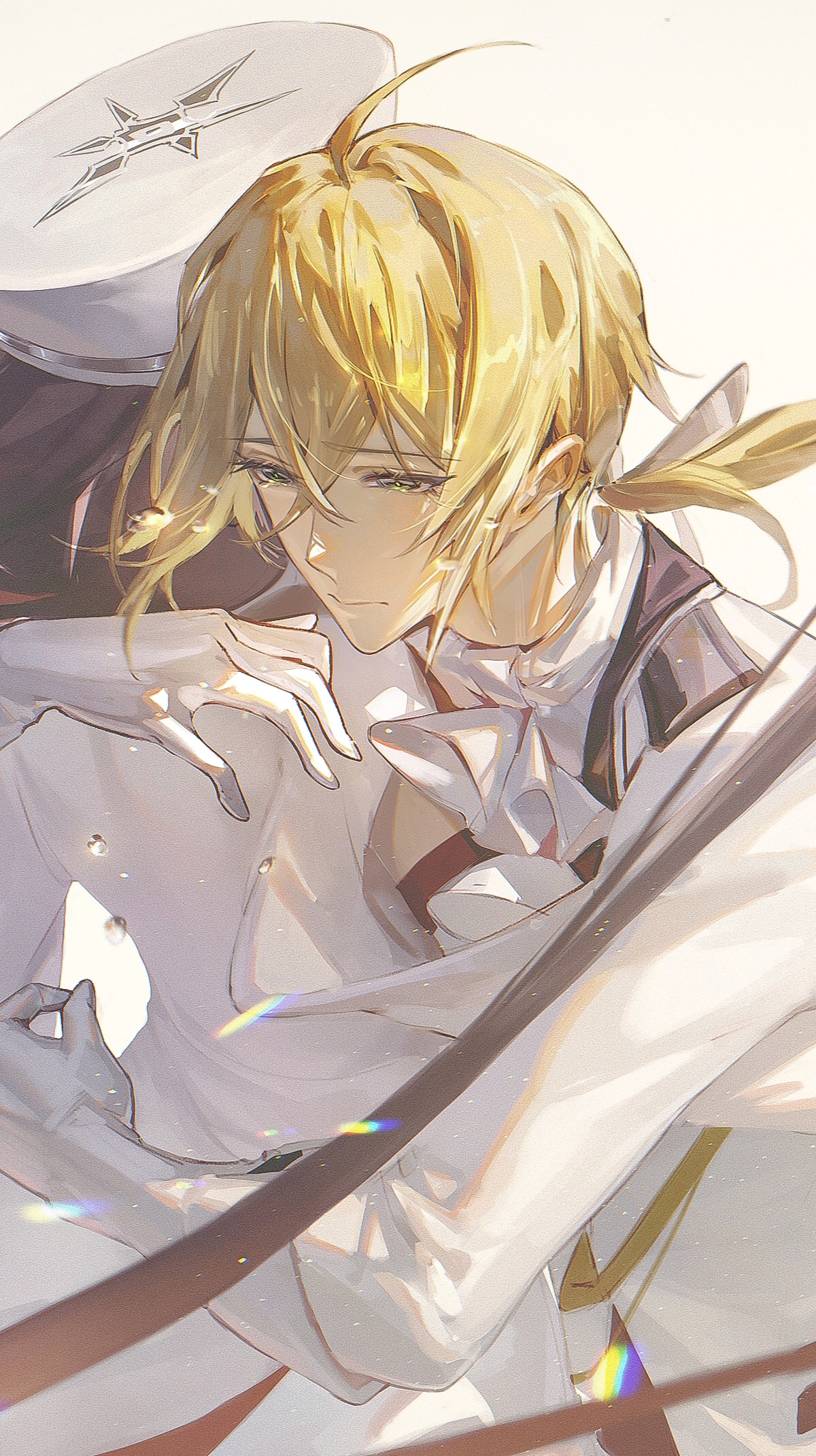 yunmaojan, alkaid mcgrath, alkaid mcgrath (awakening), heroine (lovebrush chronicles), lovebrush chronicles, highres, 1boy, 1girl, ahoge, ascot, blonde hair, closed mouth, collared shirt, contrast lapels, detached sleeves, elbow gloves, gloves, green eyes, hair between eyes, hair ribbon, hat, hug, jacket, jacket on shoulders, lapels, long hair, long sleeves, looking down, low ponytail, male focus, medium hair, military hat, ponytail, ribbon, shirt, simple background, tearing up, tears, upper body, white ascot, white background, white gloves, white hair, white hat, white jacket, white ribbon