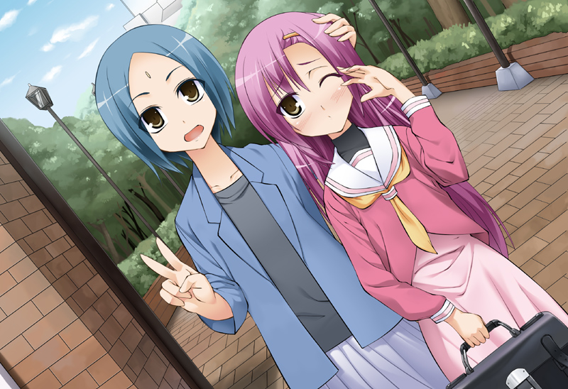 kadou, katsura hinagiku, katsura yukiji, hayate no gotoku!, 00s, 2girls, bindi, blue hair, brown eyes, dutch angle, multiple girls, one eye closed, purple hair, school uniform, short hair, siblings, sisters, v, wink