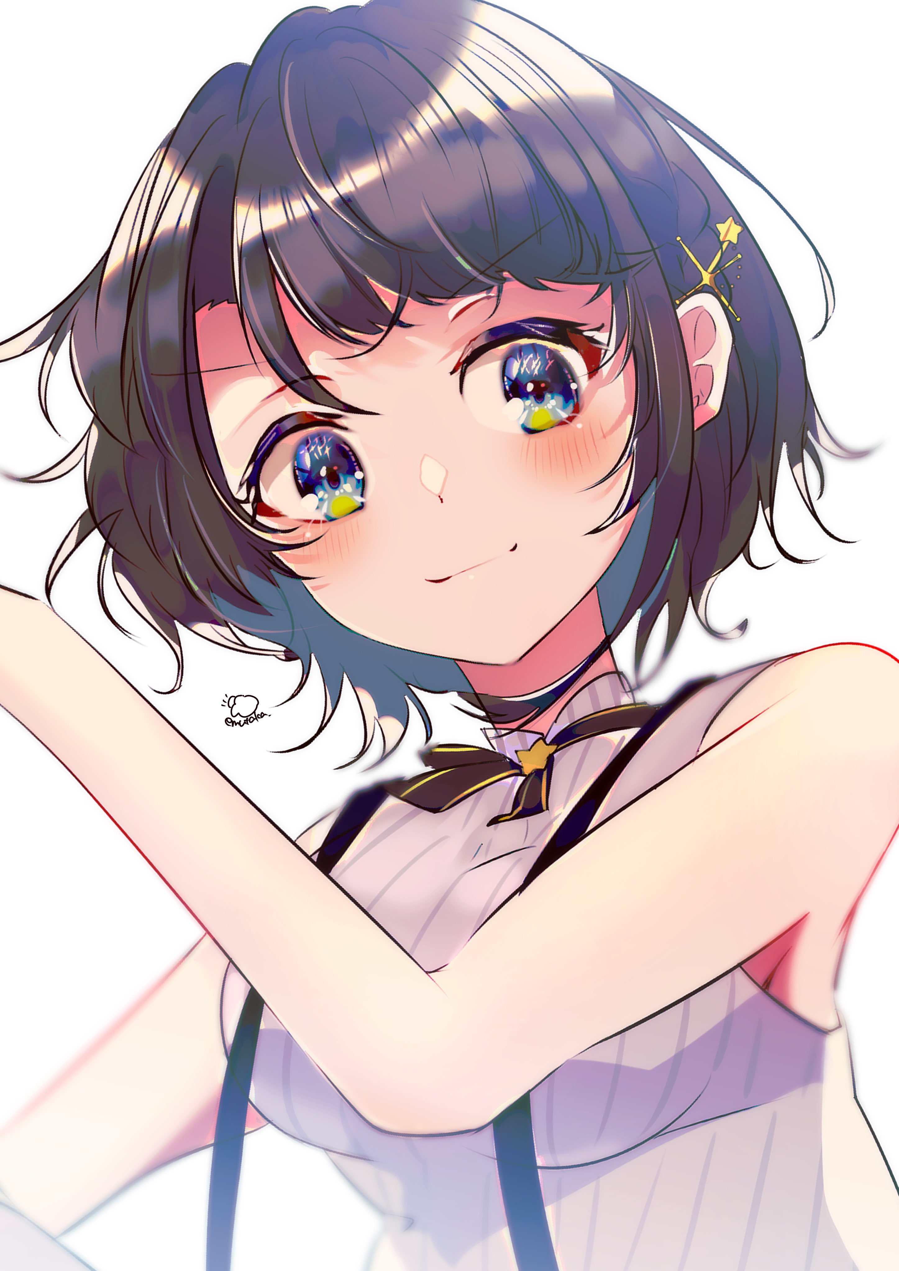 oozora subaru, oozora subaru (suspenders), hololive, absurdres, highres, 1girl, artist name, black bow, black bowtie, blue eyes, bob cut, bow, bowtie, braid, breasts, brown hair, closed mouth, controller, emutakanoe, from below, game controller, grey shirt, looking at viewer, looking down, medium breasts, official alternate costume, pinstripe pattern, pinstripe shirt, shirt, short hair, side braid, signature, simple background, sleeveless, sleeveless shirt, smile, solo, star (symbol), suspenders, swept bangs, virtual youtuber, white background