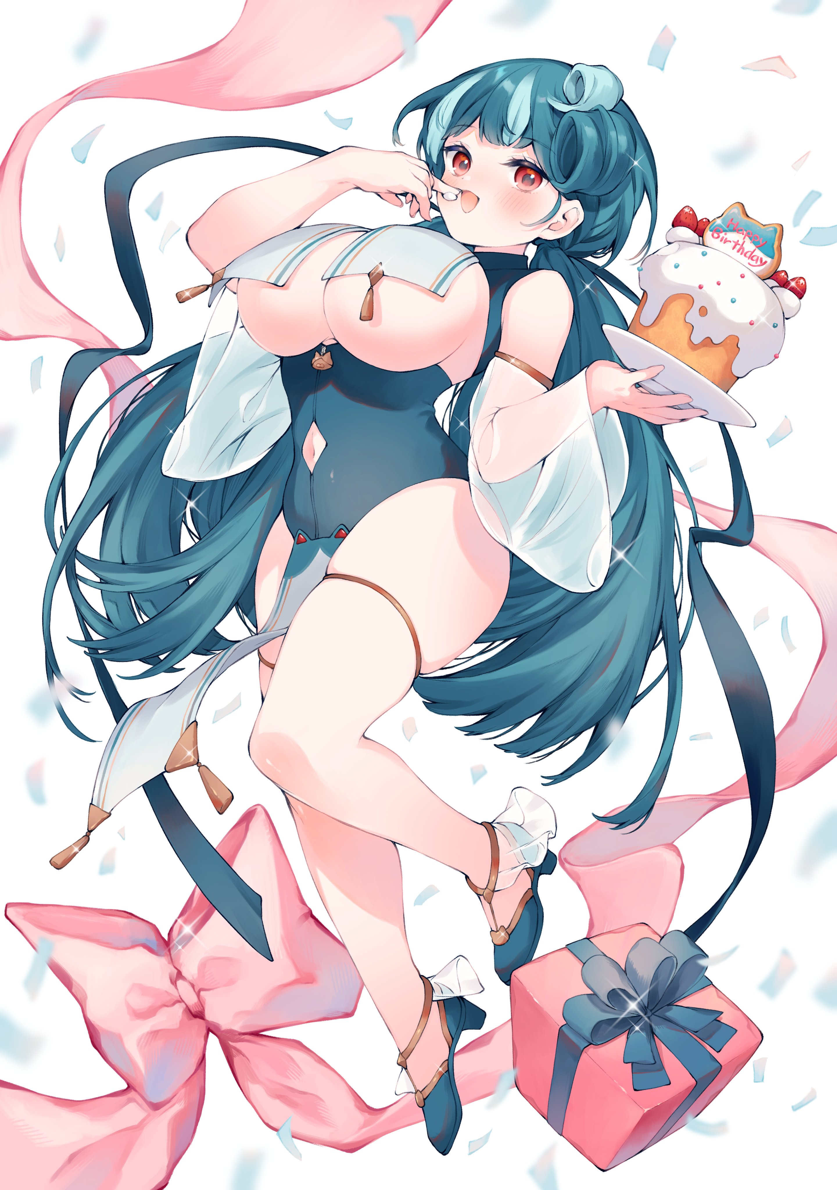 tamaki iori, indie virtual youtuber, absurdres, highres, 1girl, bare shoulders, blue hair, blue leotard, blush, bow, breast curtains, breasts, cake, detached sleeves, eating, food, full body, gift, glitter, happy birthday, holding, holding plate, large breasts, leotard, long hair, navel, open mouth, pelvic curtain, plate, red eyes, ribbon, see-through clothes, shoes, skindentation, smile, solo, thigh strap, thighhighs, twintails