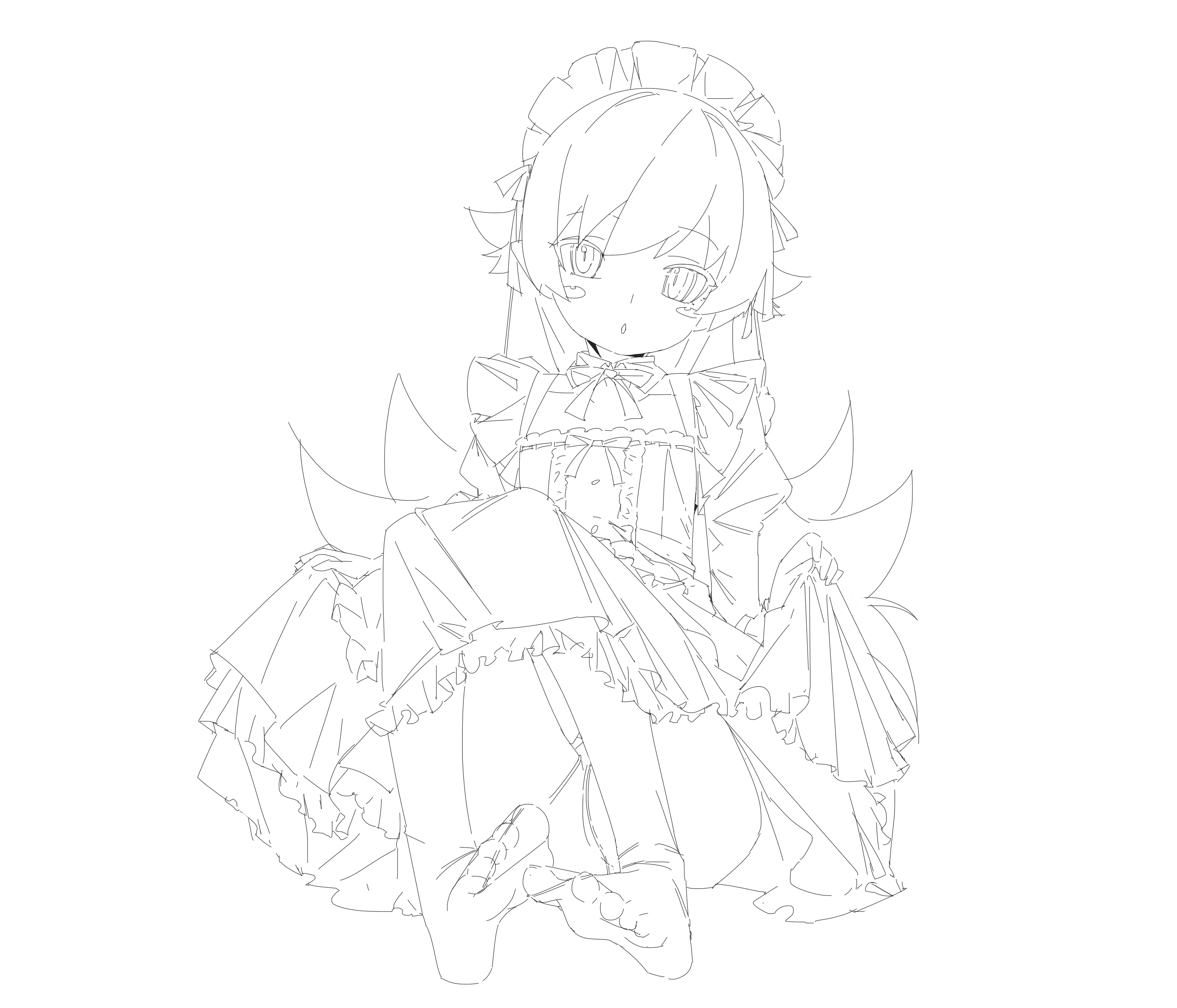 shishirui san, oshino shinobu, monogatari (series), absurdres, highres, 1girl, :o, blush stickers, bow, center frills, clothes lift, collarbone, dress, dress bow, dress lift, flipped hair, frills, from below, full body, hair between eyes, hair flaps, hands up, juliet sleeves, knees up, lineart, long hair, long sleeves, maid headdress, neck ribbon, pantyhose, petticoat, pointy ears, puffy sleeves, ribbon, ringed eyes, sidelocks, simple background, sitting, solo, square neckline, very long hair, white background