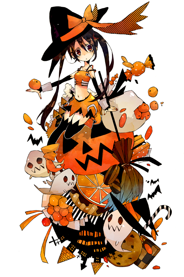 harikamo, arancia, original, bad id, bad pixiv id, 1girl, bat (animal), broom, candy, female focus, food, fruit, ghost, halloween, hat, jack-o'-lantern, navel, orange (fruit), orange skirt, orange theme, pumpkin, skirt, solo, thighhighs, twintails, witch hat