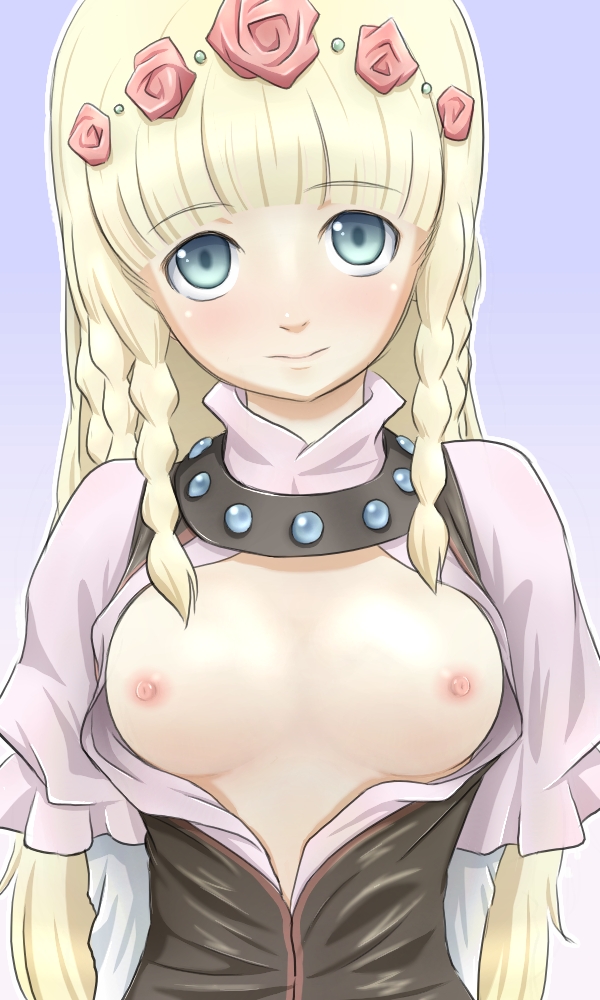 kiikii (kitsukedokoro), kitsukedou, shirley fennes, tales of (series), tales of legendia, blonde hair, blue eyes, blush, braid, breasts, flower, long hair, open clothes, open shirt, shirt, very long hair