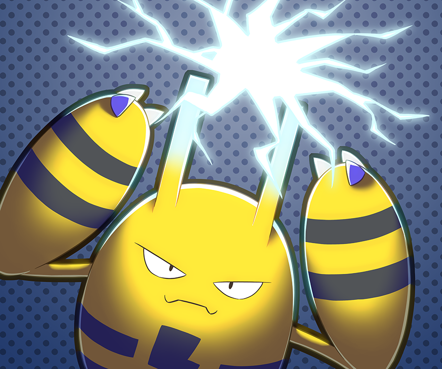 tete (724038), elekid, nintendo, pokemon, commentary request, arms up, closed mouth, electricity, fangs, gen 2 pokemon, no humans, one-hour drawing challenge, pokemon (creature), pokemon focus, polka dot, polka dot background, skin fangs, smile, solo