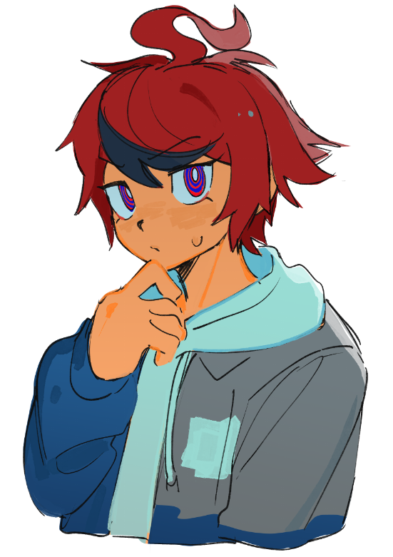 ransuteeki, sumino takumi, the hundred line -last defense academy-, commentary, english commentary, 1boy, ahoge, black streaks, blue eyes, bright pupils, cropped torso, grey jacket, hand up, hood, hoodie, jacket, jacket over hoodie, male focus, multicolored hair, red hair, ringed eyes, short hair, simple background, solo, streaked hair, sweatdrop, two-tone hair, white background, white hoodie, white pupils