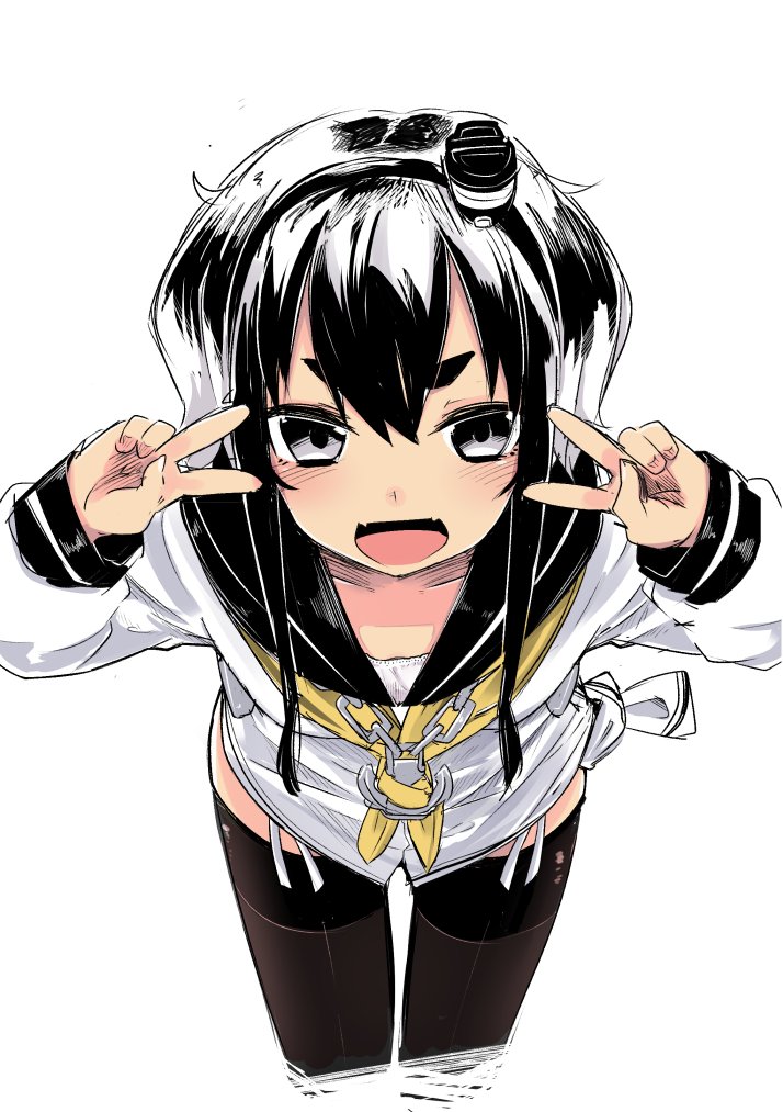 ariyoshi gen, tokitsukaze (kancolle), kantai collection, commentary, 1girl, black hair, black sailor collar, blush, cropped legs, double v, dress, fangs, hair between eyes, leaning forward, long sleeves, looking at viewer, multicolored hair, neckerchief, open mouth, sailor collar, sailor dress, short dress, short hair with long locks, simple background, skin fangs, solo, thighhighs, v, white background, white dress, white hair, yellow neckerchief