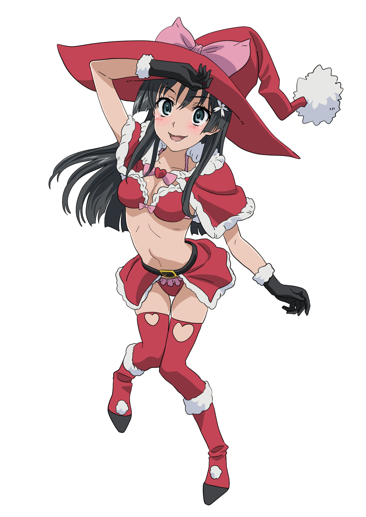 jumpaoki, saten ruiko, toaru kagaku no railgun, toaru majutsu no index, bad source, highres, 1girl, aoki ken'ichirou, bikini, capelet, christmas, clothing cutout, fur-trimmed capelet, fur trim, hat, heart cutout, long hair, looking at viewer, open mouth, red bikini, red capelet, red hat, red thighhighs, simple background, smile, solo, swimsuit, thighhighs, white background