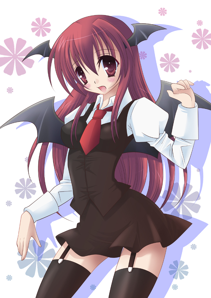 mizuna midori, mizunamidori, koakuma, embodiment of scarlet devil, touhou, 1girl, bat wings, female focus, garter belt, head wings, long hair, red eyes, red hair, solo, thighhighs, wings