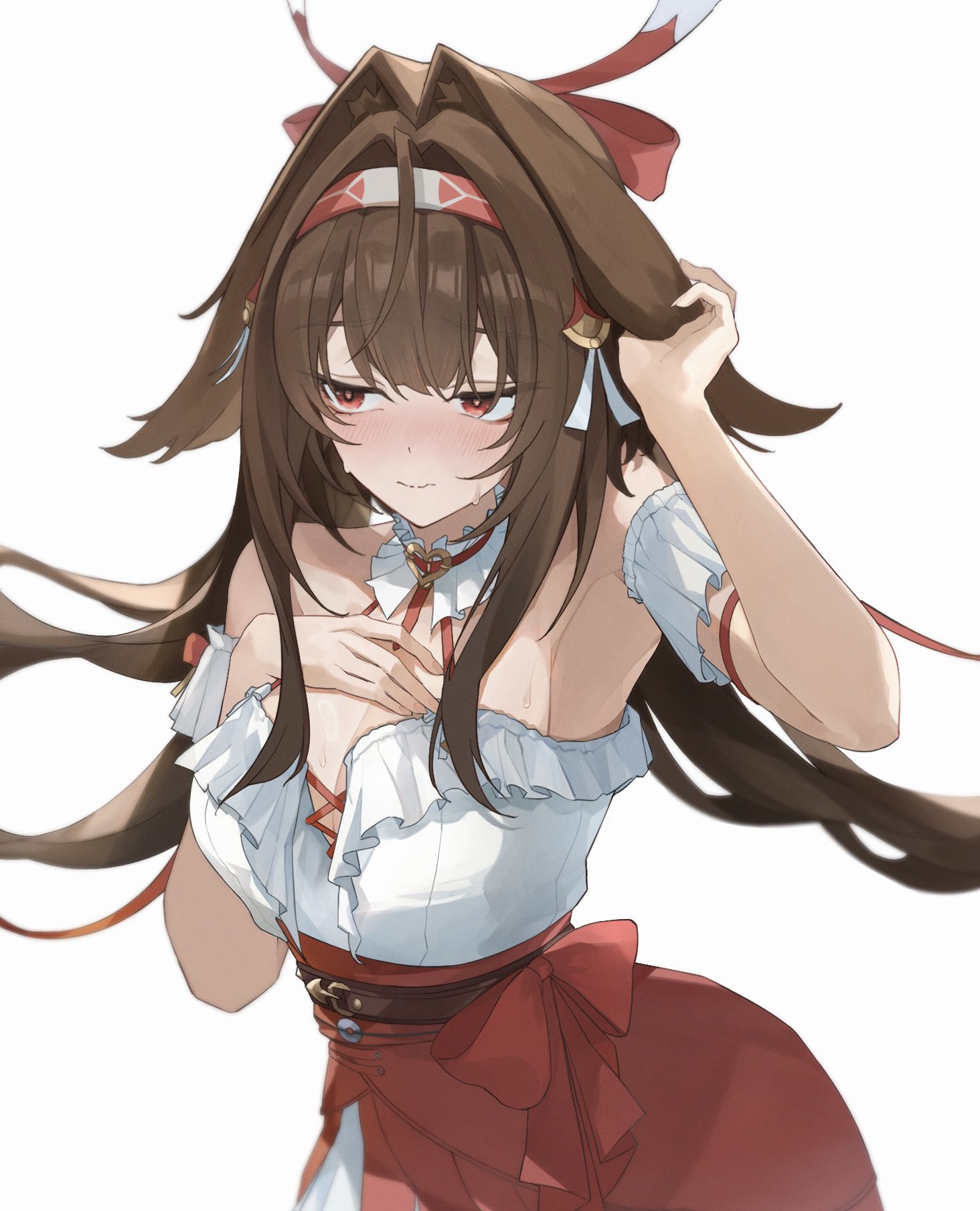ye shunguang, zenless zone zero, highres, 1girl, alaya laya yala, animal ear fluff, belt, blush, bow, breasts, brown hair, cleavage, collar, criss-cross straps, detached sleeves, droopy ears, embarrassed, frilled collar, frilled sleeves, frills, hair ornament, hand on own chest, hand on own ear, headband, high-waist skirt, long hair, medium breasts, official alternate costume, red eyes, skirt, strap, sweat, very long hair, white background, ye shunguang (touch of dawnlight)