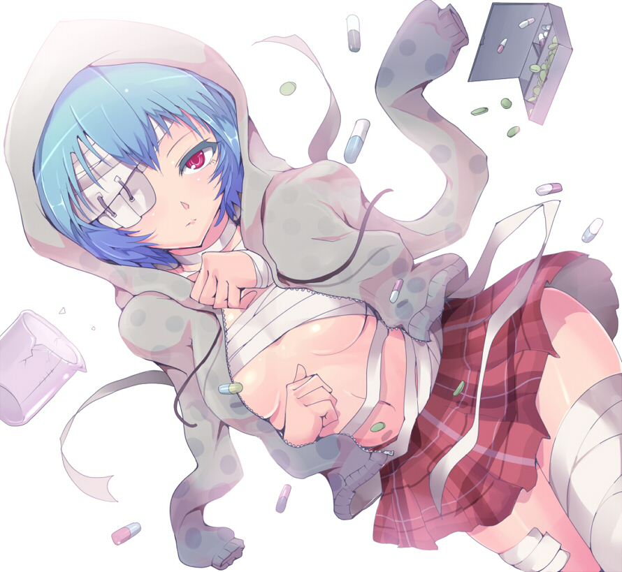 kasai shin, ayanami rei, neon genesis evangelion, 1girl, bandage over one eye, bandages, blue hair, breasts, drugs, dutch angle, eyepatch, female focus, hood, hoodie, jacket, navel, open clothes, open jacket, pill, pink eyes, plaid clothes, plaid skirt, polka dot, short hair, skirt, solo, underboob