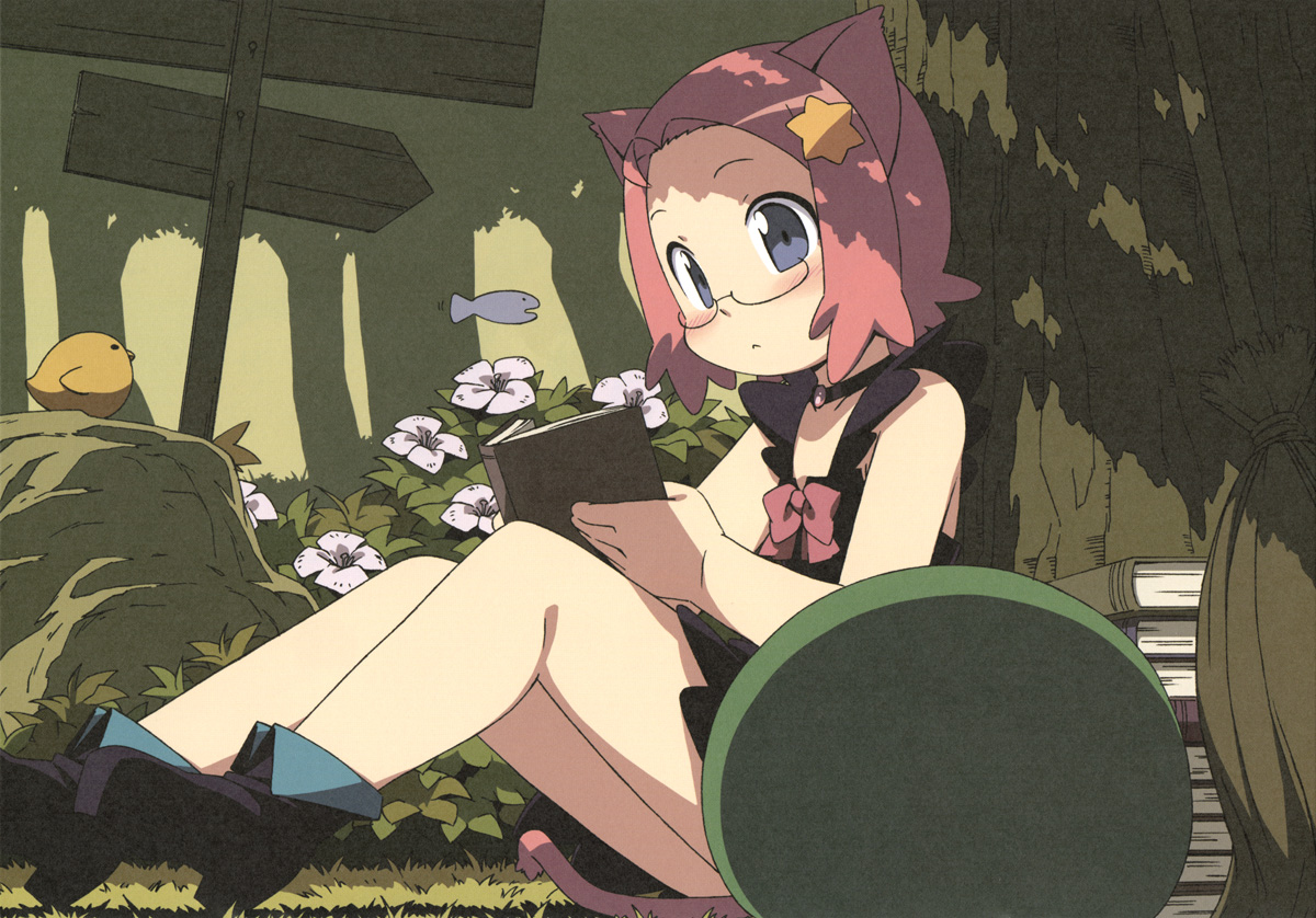 kanzaki hiro, original, tabgraphics, non-web source, 1girl, animal ears, bird, blue eyes, blush, book, bow, cat ears, cat tail, child, choker, female focus, fish, flower, glasses, grass, hair ornament, open book, outdoors, reading, red hair, round eyewear, shade, shadow, short hair, sign, sitting, solo, star (symbol), tail, tree, tree shade, under tree