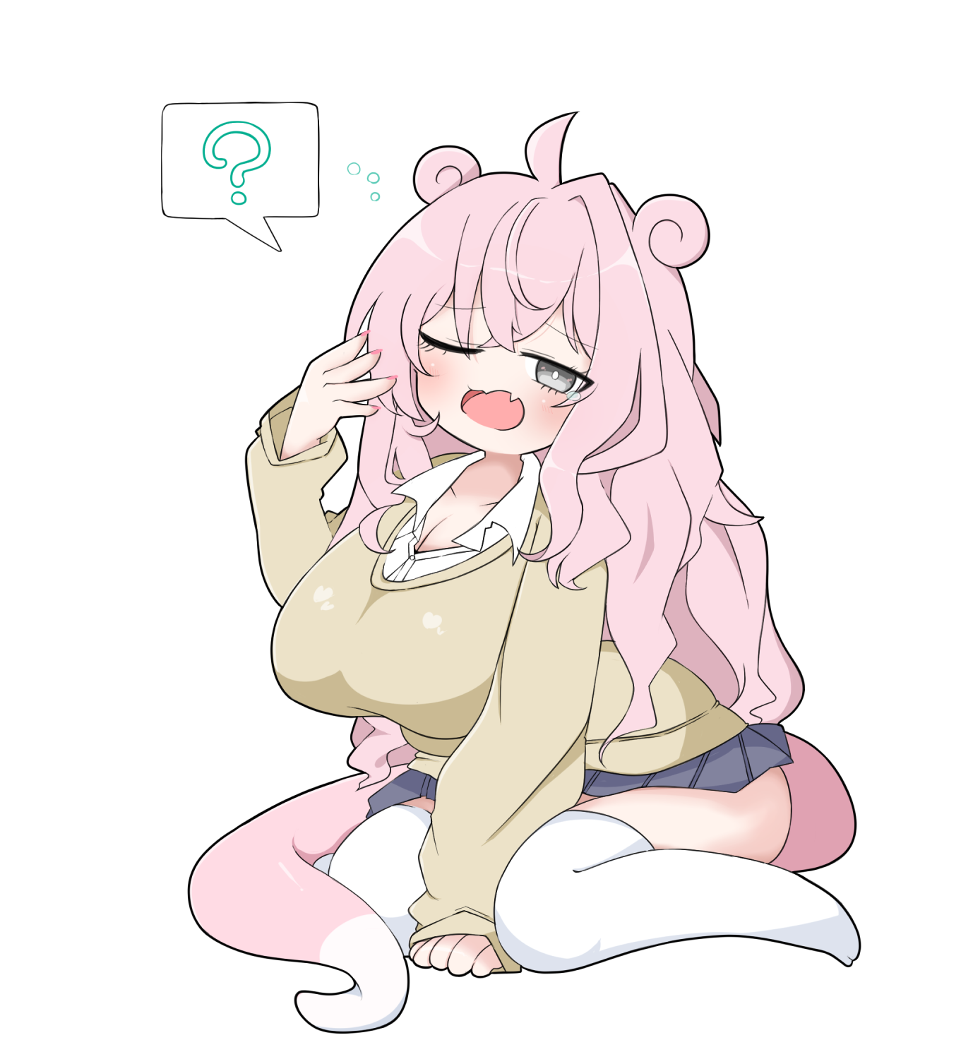 iguni, gyaru slowpoke (shin no tenpii), nintendo, pokemon, commentary request, highres, 1girl, ;o, ?, ahoge, between legs, blush, breasts, chibi, cleavage, collared shirt, fang, full body, grey eyes, gyaru, hand between legs, kogal, large breasts, long hair, long sleeves, looking at viewer, messy hair, one eye closed, open mouth, personification, pink hair, pleated skirt, pokemon tail, seiza, shirt, sitting, skin fang, skirt, sleepy, slowpoke tail, solo, speech bubble, spoken question mark, squeans, sweater, tail, tearing up, thighhighs, white background, yawning, yellow sweater