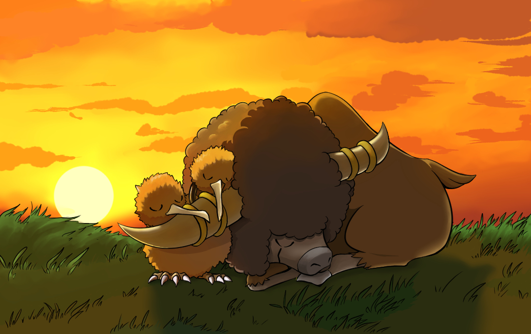 q-chan, bouffalant, doduo, nintendo, pokemon, commentary request, afro, bird, buffalo, character name, closed eyes, cloud, gen 1 pokemon, gen 5 pokemon, golden hour, grass, horns, lying, multiple heads, nostrils, orange sky, outdoors, pokemon (creature), pokemon focus, sky, sleeping, sun, sunset