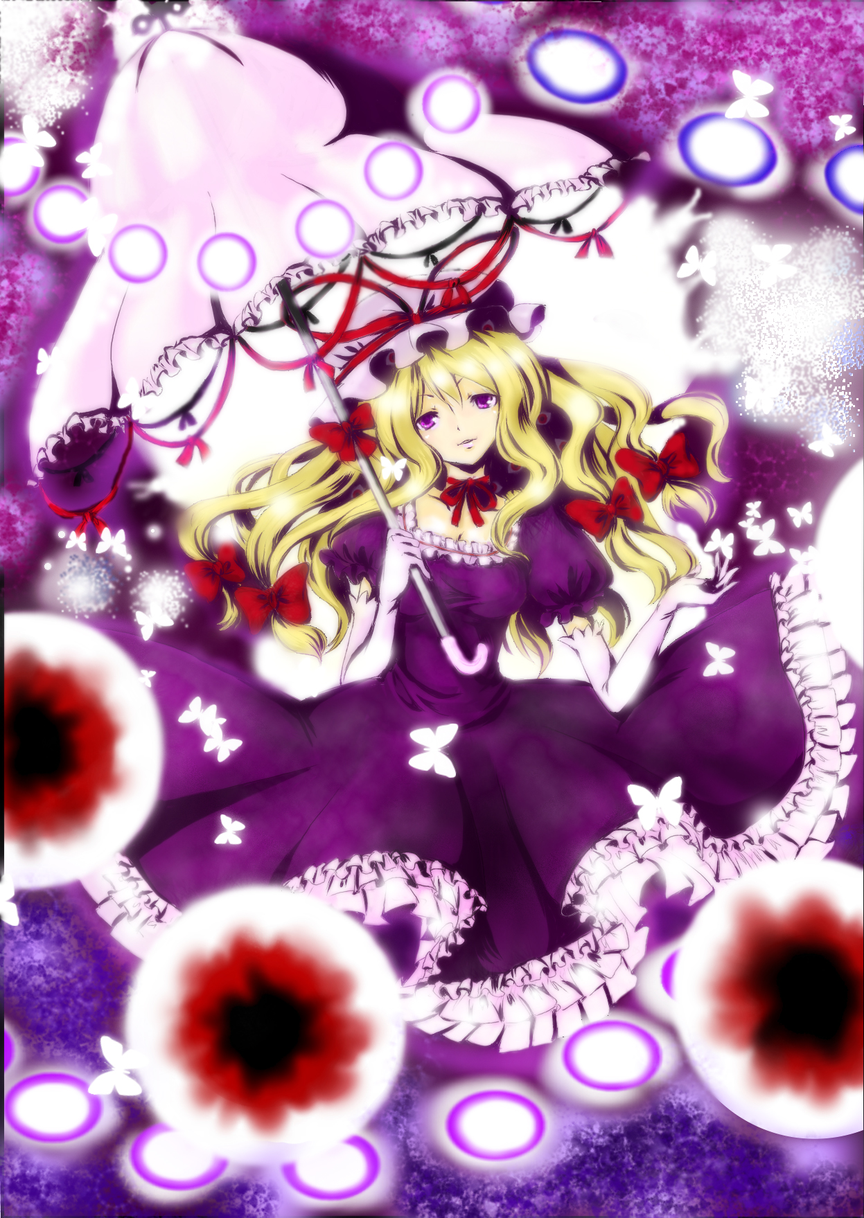 mimi (mimi puru), yakumo yukari, touhou, highres, 1girl, blonde hair, elbow gloves, female focus, gloves, hat, long hair, purple eyes, solo, umbrella