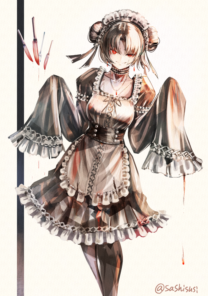 sushi (sashimise), original, commentary request, 1girl, apron, black dress, black hair, black thighhighs, blood, blood drip, blood on clothes, bloody knife, breasts, bright pupils, choker, collarbone, cowboy shot, double bun, dress, earrings, facial mark, fang, floating, floating object, fork, frilled dress, frilled sleeves, frills, hair bun, hair ribbon, hands up, jewelry, juliet sleeves, knife, lace, lace choker, long sleeves, looking at viewer, maid, maid headdress, necklace, pale skin, parted bangs, puffy sleeves, red eyes, ribbon, short hair, sleeves past fingers, sleeves past wrists, slit pupils, smile, solo, square neckline, thighhighs, torn clothes, twitter username, uneven eyes, white apron, white background, white pupils