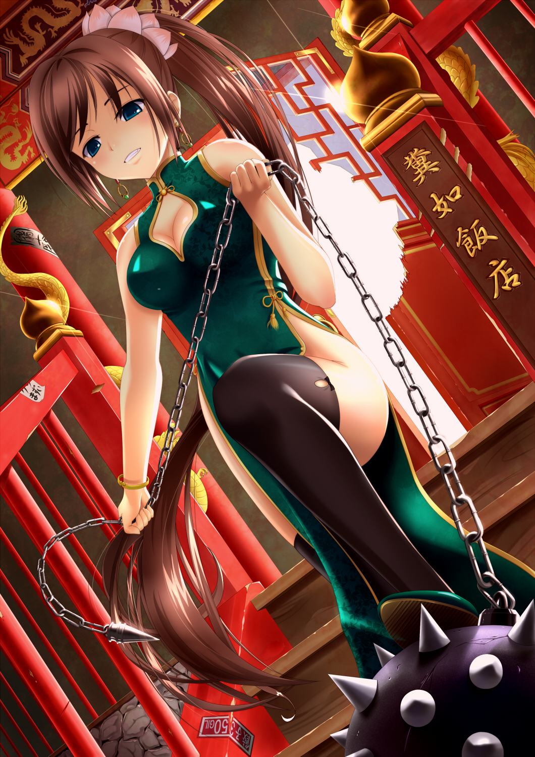 u-suke (supertie), original, highres, translation request, 1girl, ball and chain (weapon), bare shoulders, black thighhighs, blue eyes, breasts, brown hair, chain, china dress, chinese clothes, cleavage, cleavage cutout, clenched teeth, clothing cutout, dress, earrings, female focus, flail, from below, green dress, hair ornament, jewelry, legs, long hair, looking down, medium breasts, no panties, ponytail, shoes, solo, spiked ball and chain, spikes, teeth, thighhighs, thighs, very long hair, weapon