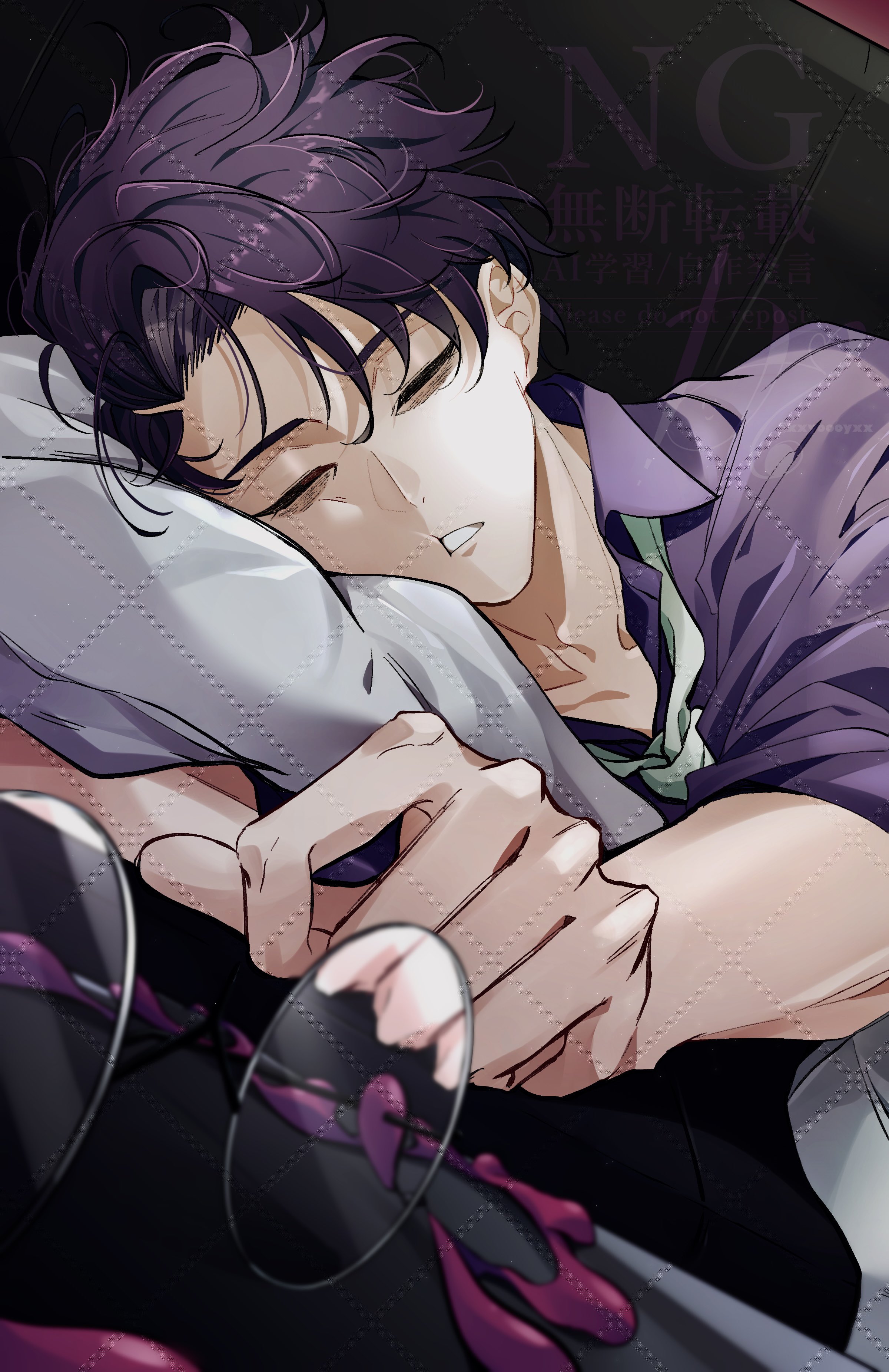 xxyoooyxx, corbeau (pokemon), nintendo, pokemon, pokemon legends: z-a, absurdres, commentary request, highres, 1boy, closed eyes, collarbone, collared shirt, lying, male focus, messy hair, necktie, no eyewear, on side, open collar, parted lips, pillow, purple hair, purple shirt, round eyewear, shirt, short hair, sleeves rolled up, solo, unworn eyewear, upper body, watermark, white necktie, wing collar
