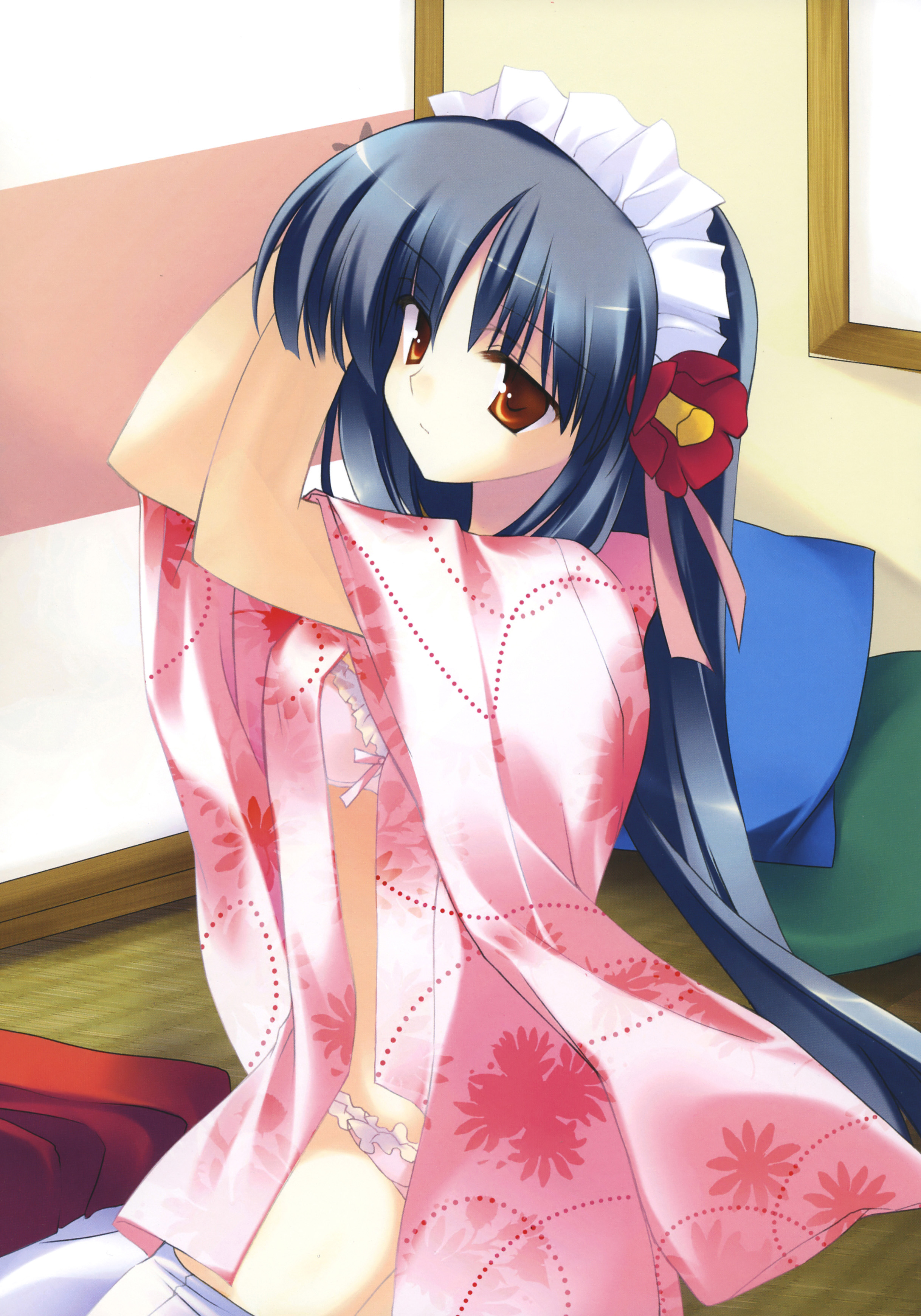 rei (artist), rei (rei's room), absurdres, highres, non-web source, 1girl, black hair, bra, brown eyes, female focus, lingerie, long hair, maid headdress, panties, pink panties, robe, solo, underwear